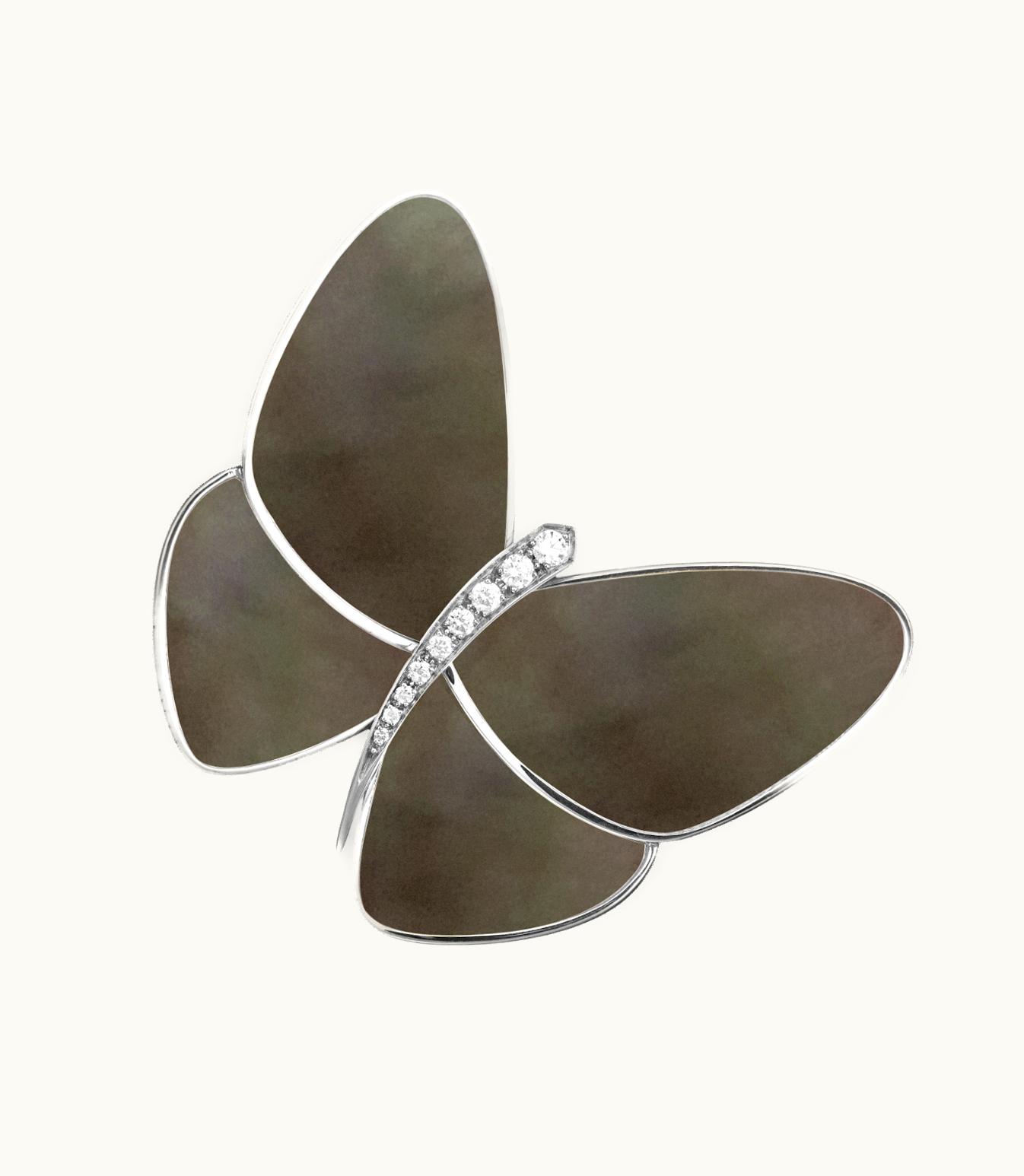 Van Cleef & Arpels Butterfly Clip, Rhodium Plated 18k White Gold, Gray Mother-of-pearl, Diamonds
