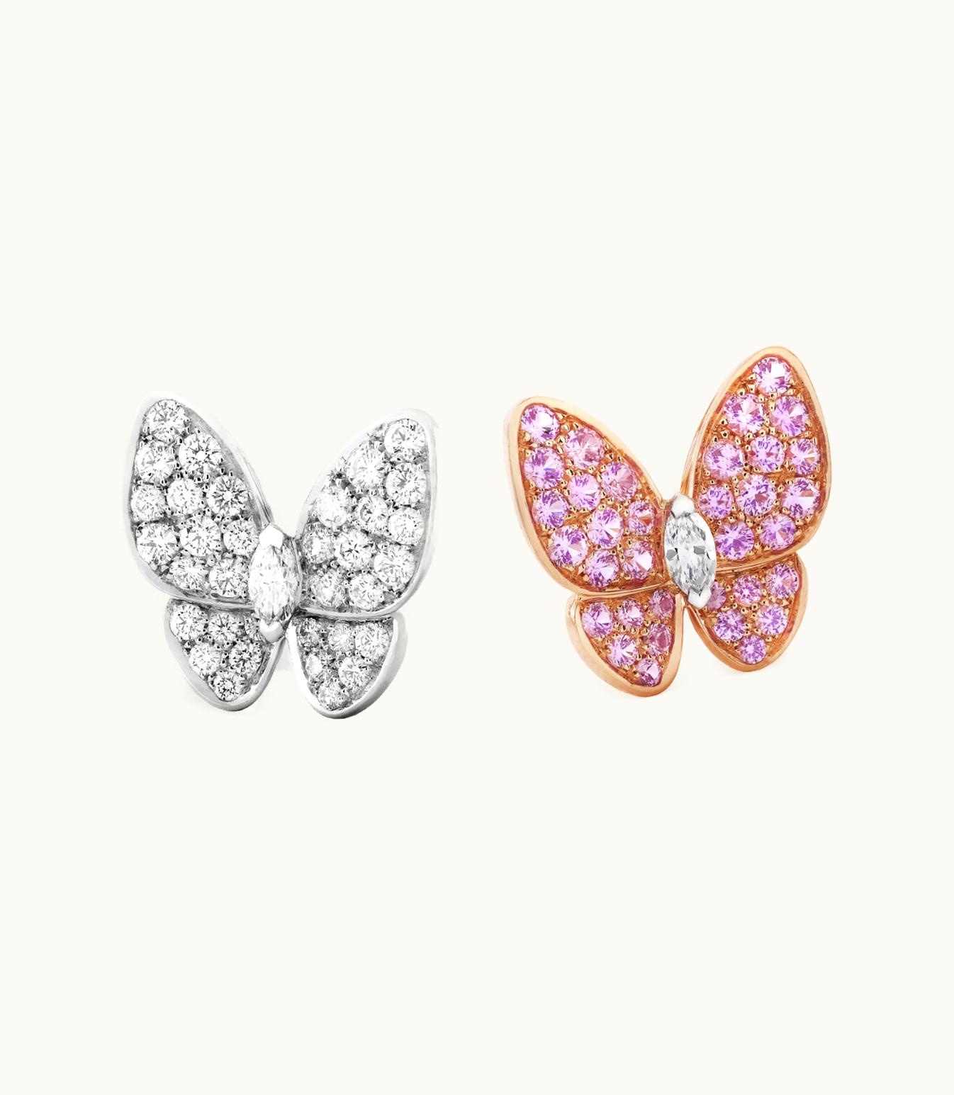 Van Cleef & Arpels Two Butterfly Earrings, 18k Rose Gold, Pink Sapphires, Rhodium Plated 18k White Gold, Diamonds