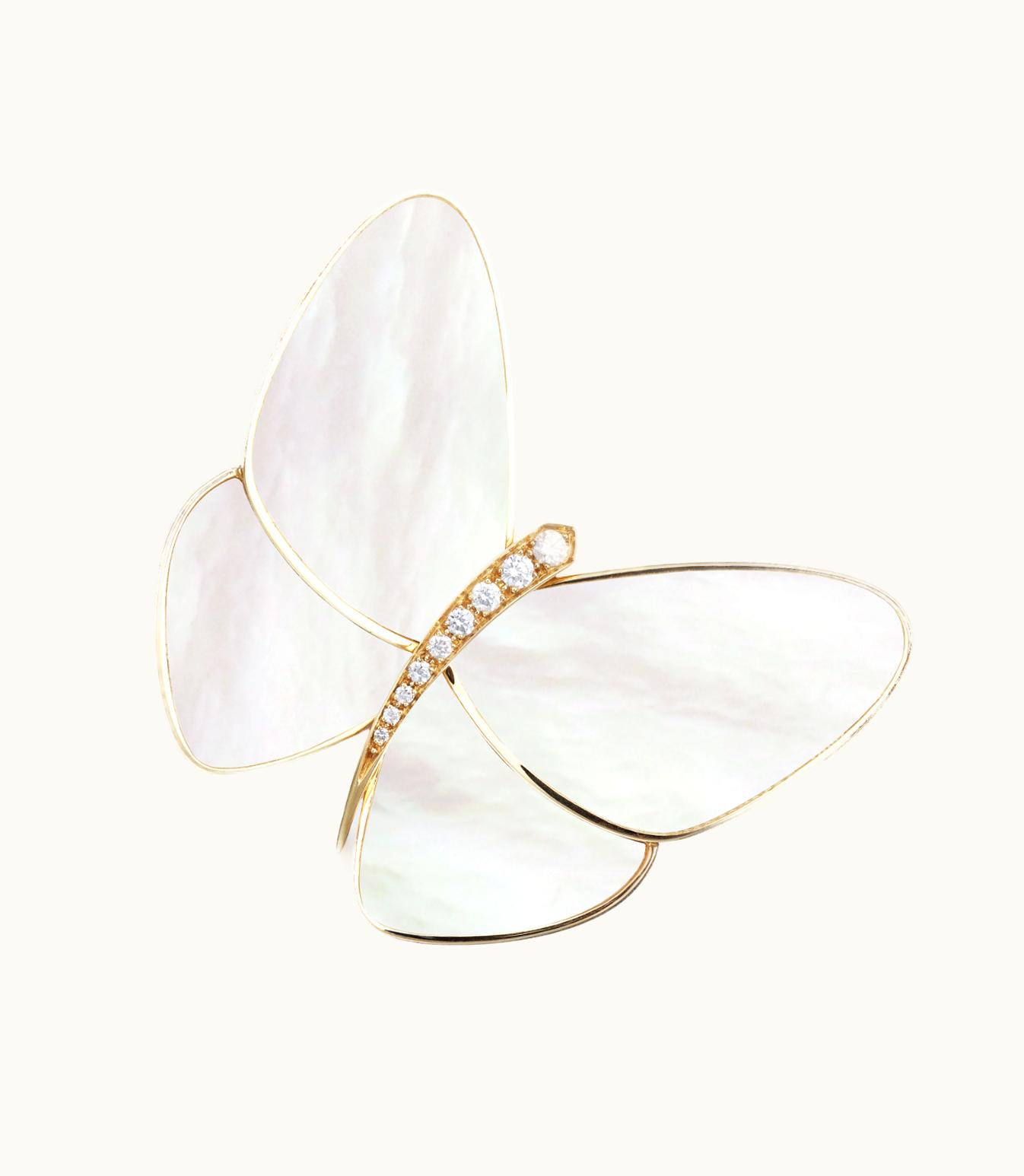 Van Cleef & Arpels Butterfly Clip, 18k Yellow Gold, White Mother-of-pearl, Diamonds