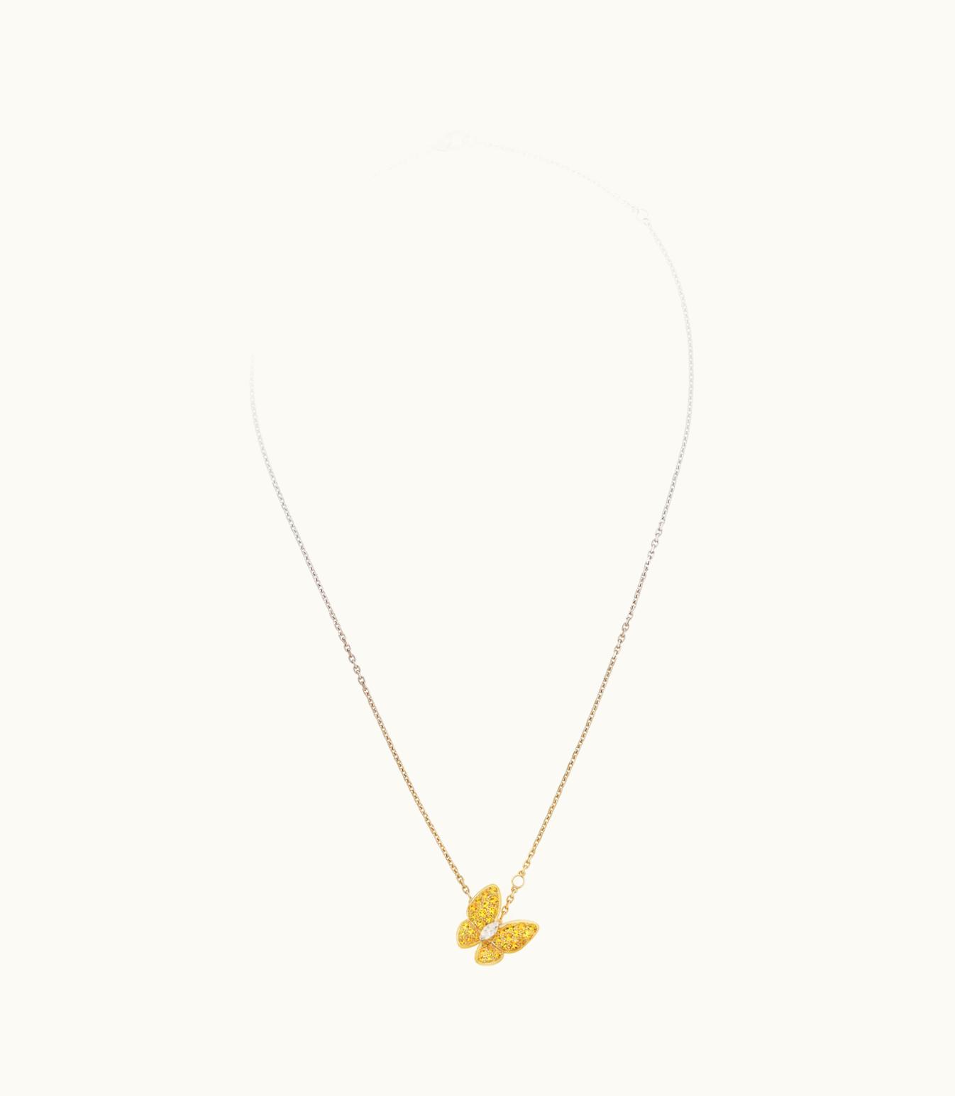 Van Cleef & Arpels Two Butterfly Pendant, 18k Yellow Gold, Yellow Sapphires, Rhodium Plated 18k White Gold, Diamonds
