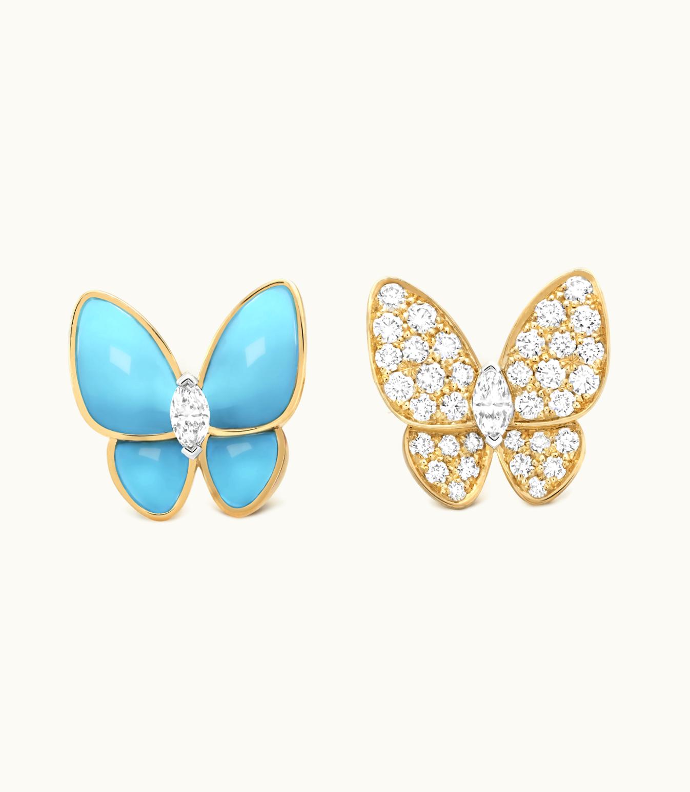 Van Cleef & Arpels Two Butterfly Earrings, 18k Yellow Gold, Rhodium Plated 18k White Gold, Turquoise, Diamonds