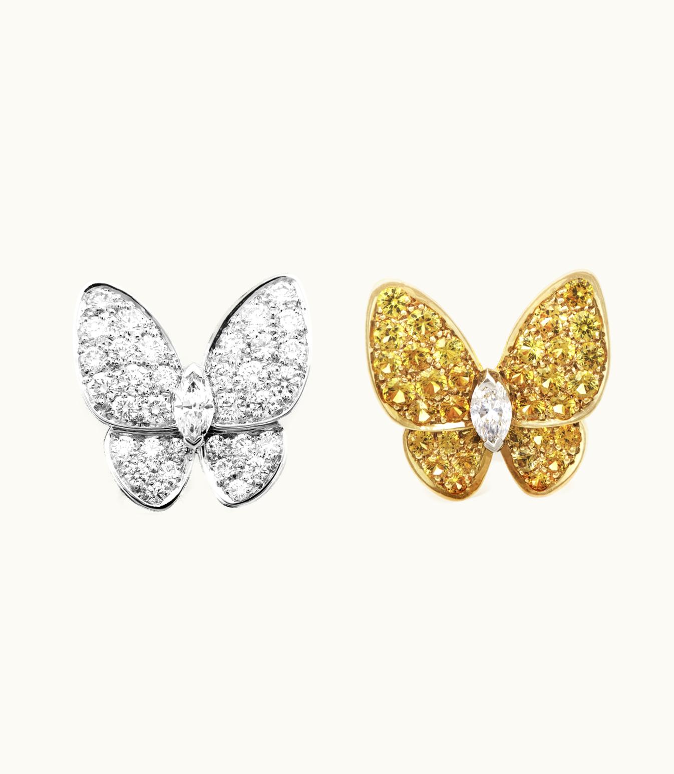 Van Cleef & Arpels Two Butterfly Earrings, 18k Yellow Gold, Yellow Sapphires, Rhodium Plated 18k White Gold, Diamonds