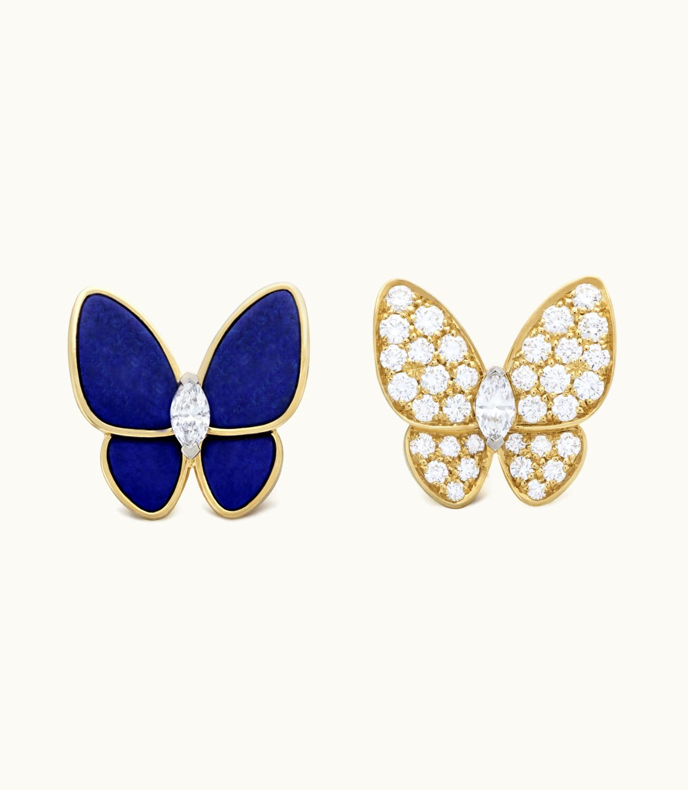 Van Cleef & Arpels Two Butterfly Earrings, 18k Yellow Gold, Rhodium Plated 18k White Gold, Lapis Lazuli, Diamonds