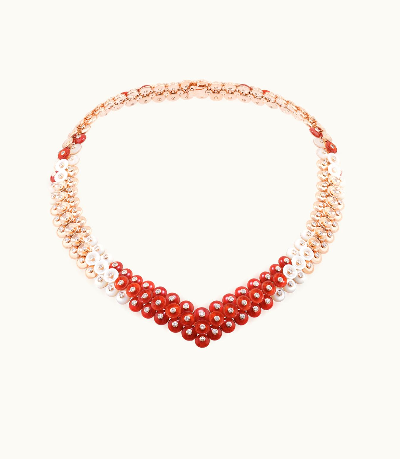 Van Cleef & Arpels Bouton D'or Necklace, 18k Rose Gold, White Mother-of-pearl, Carnelian, Diamonds