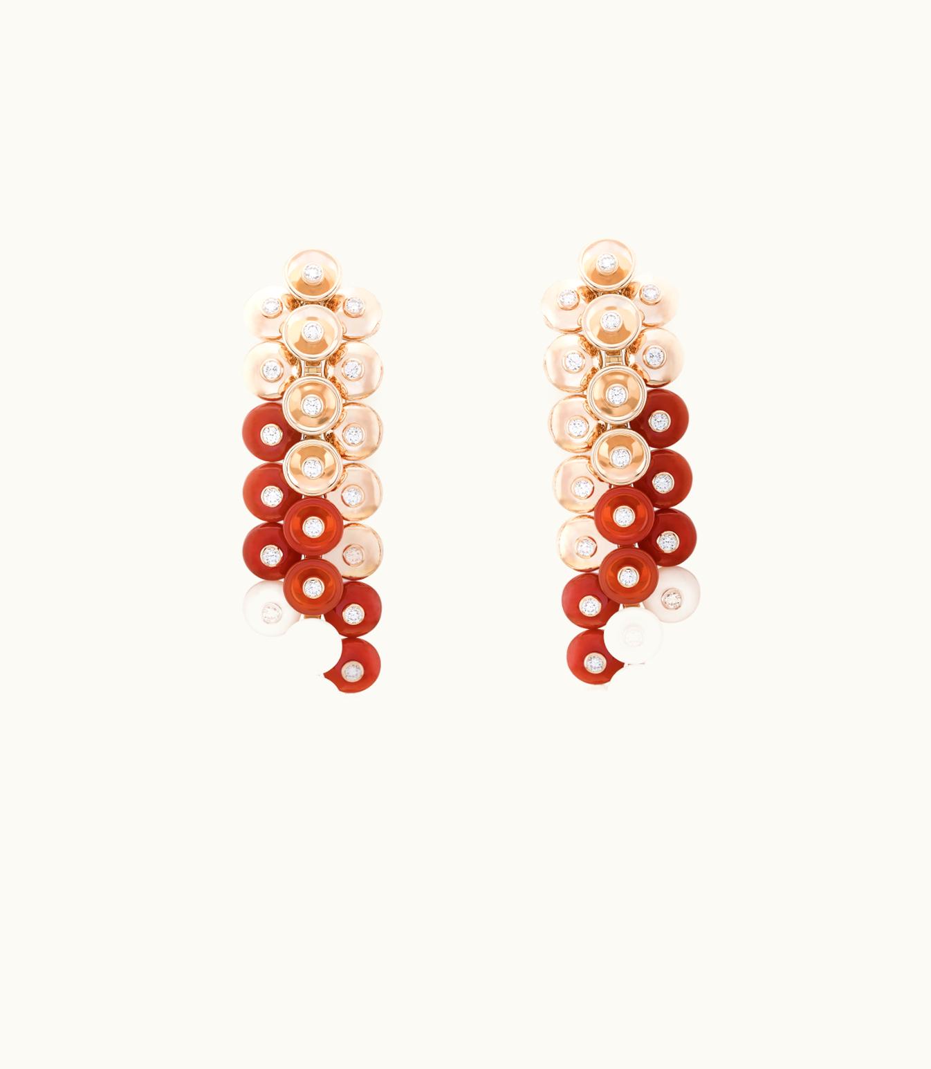 Van Cleef & Arpels Bouton D'or Earrings, 18k Rose Gold, White Mother-of-pearl, Carnelian, Diamonds