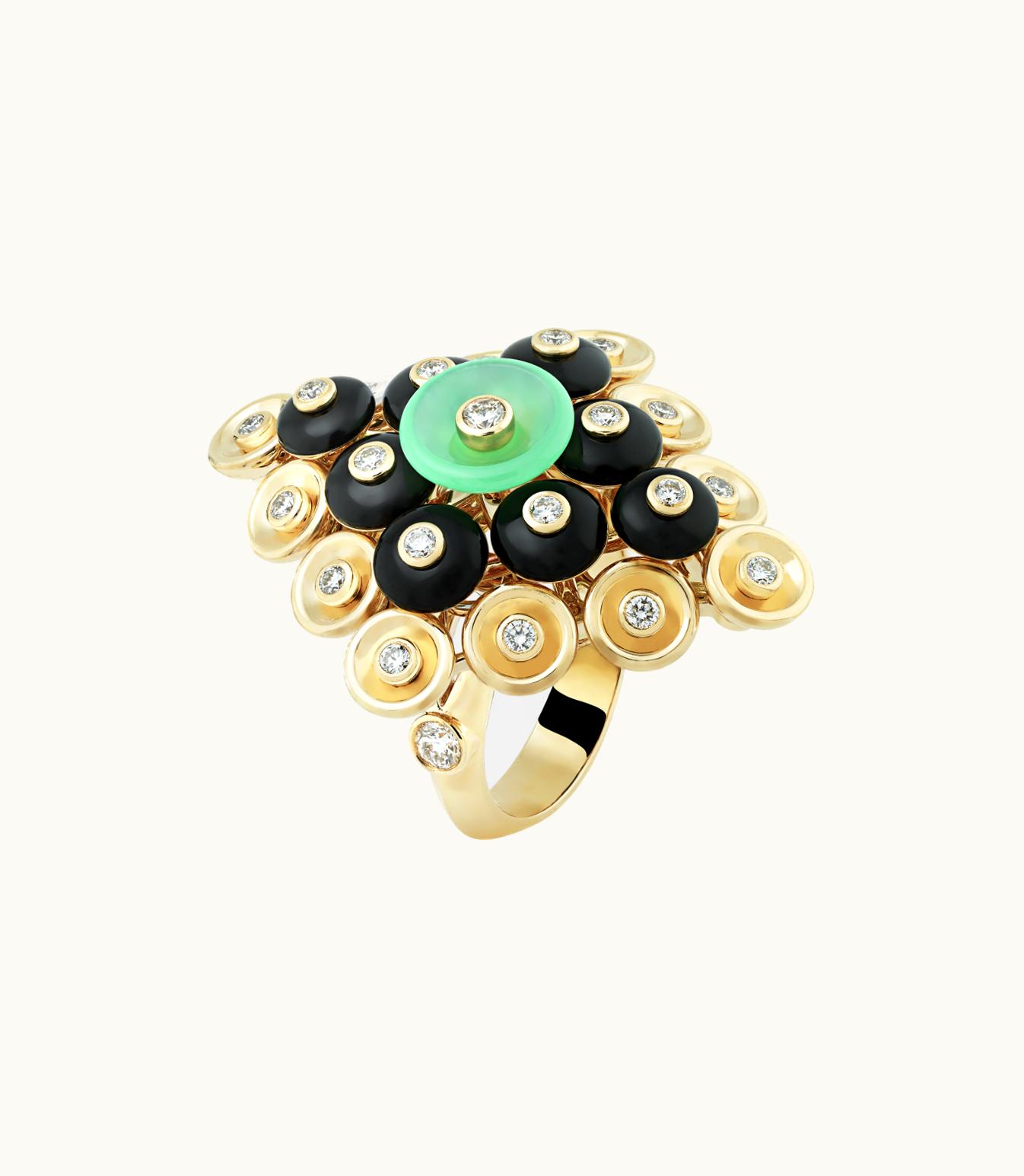 Van Cleef & Arpels Bouton D'or Ring, 18k Yellow Gold, Chrysoprase, Onyx, Diamonds