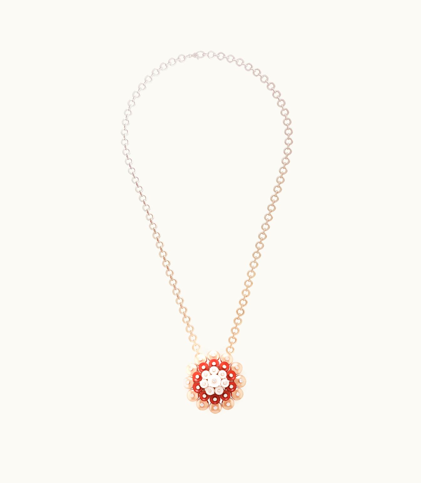 Van Cleef & Arpels Bouton D'or Pendant, 18k Rose Gold, Carnelian, White Mother-of-pearl, Diamonds