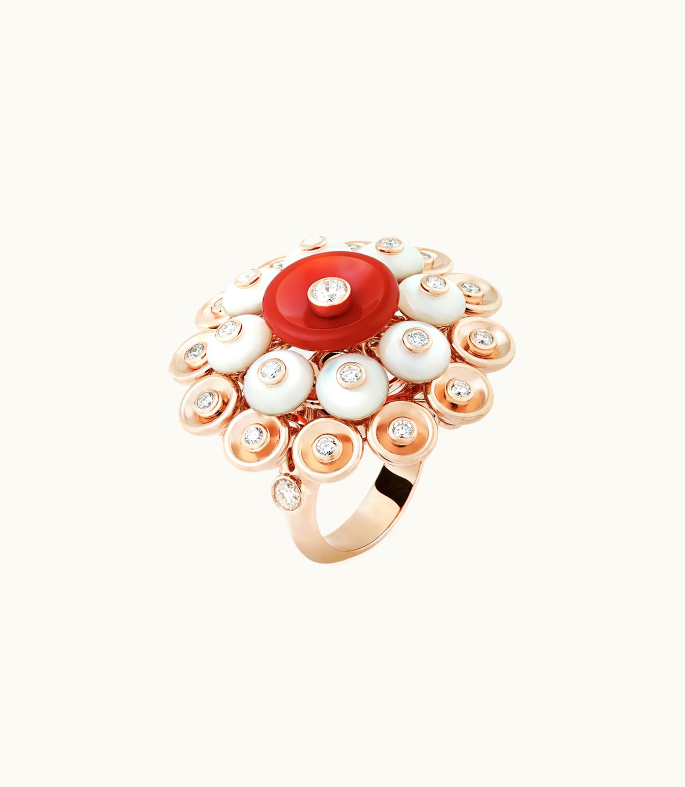 Van Cleef & Arpels Bouton D'or Ring, 18k Rose Gold, Carnelian, White Mother-of-pearl, Diamonds