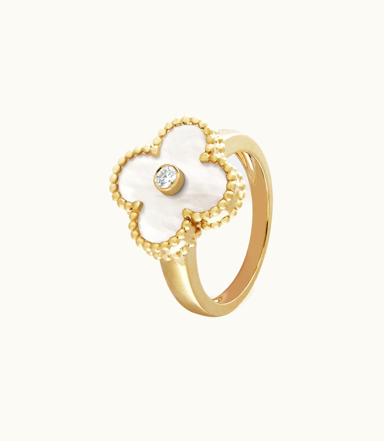 Van Cleef & Arpels Vintage Alhambra Ring, 18k Yellow Gold, White Mother-of-pearl, Diamond