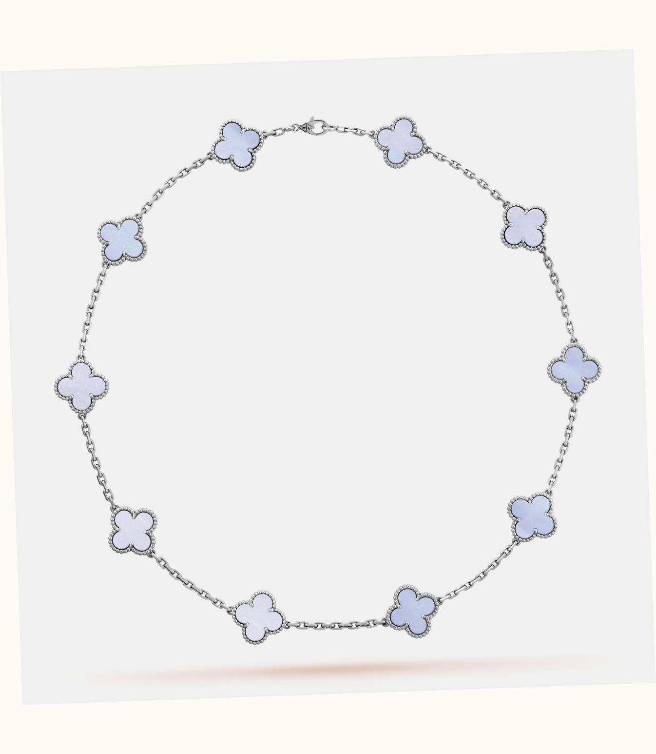 Van Cleef & Arpels Vintage Alhambra Necklace, 10 Motifs, Rhodium Plated 18k White Gold, Chalcedony