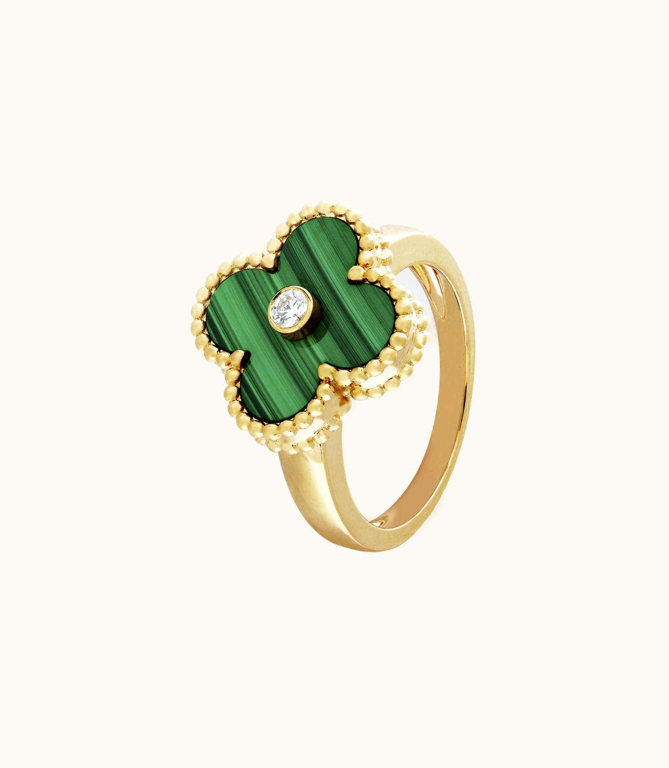 Van Cleef & Arpels Vintage Alhambra Ring, 18k Yellow Gold, Malachite, Diamond