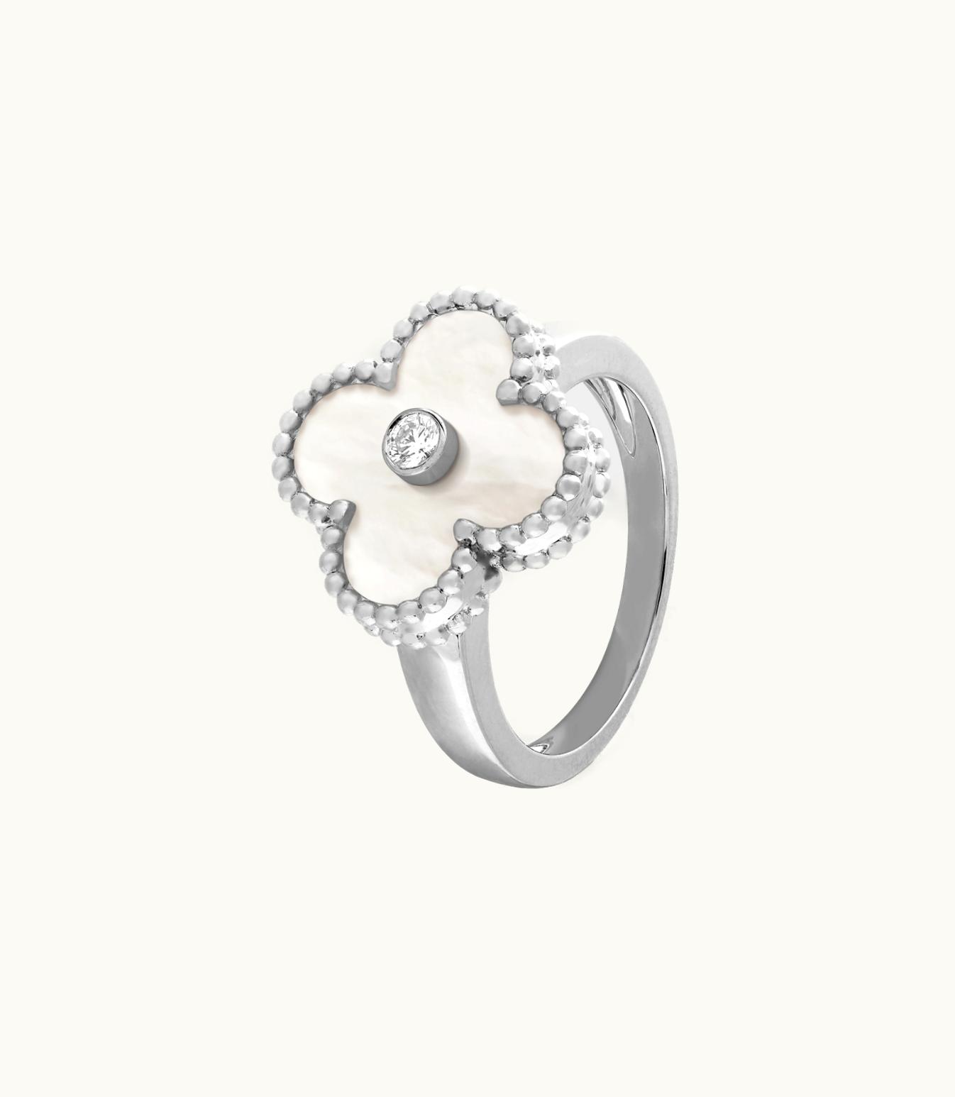 Van Cleef & Arpels Vintage Alhambra Ring, Rhodium Plated 18k White Gold, White Mother-of-pearl, Diamond