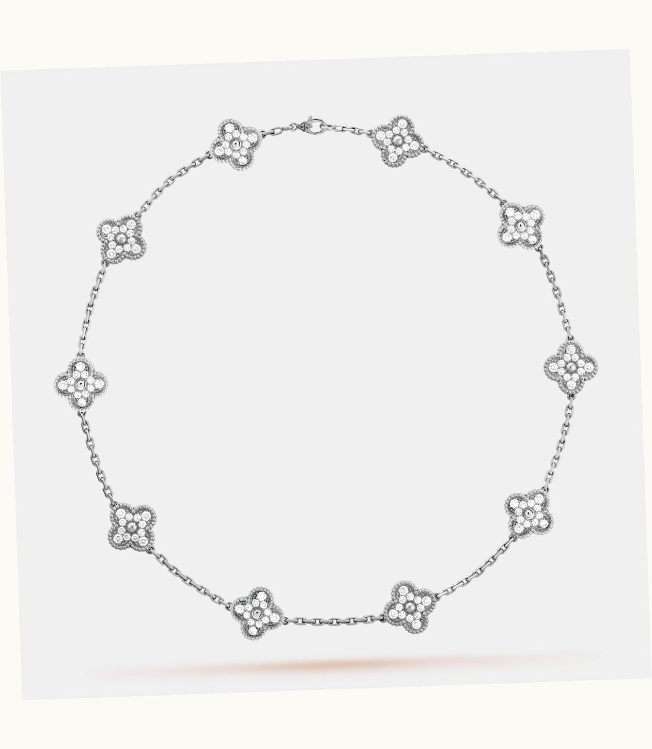 Van Cleef & Arpels Vintage Alhambra Necklace, 10 Motifs, Rhodium Plated 18k White Gold, Diamonds