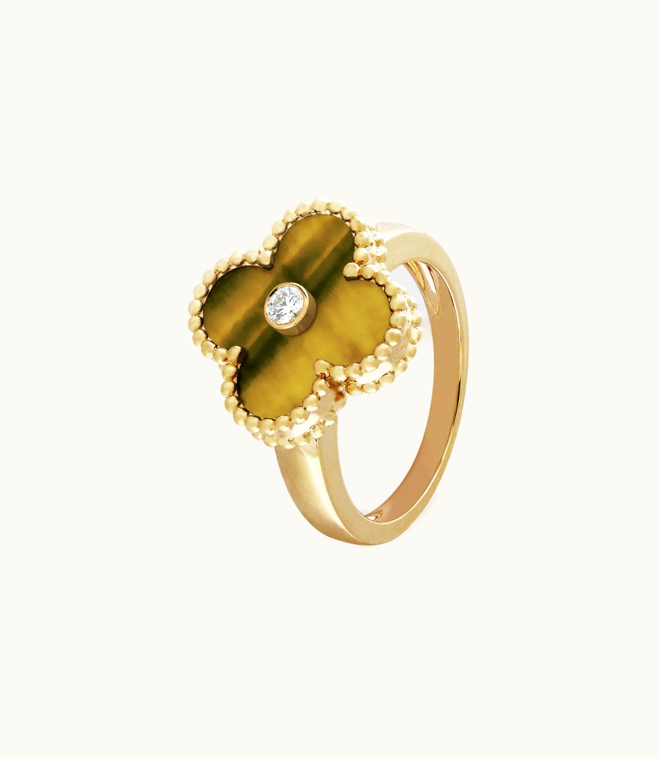 Van Cleef & Arpels Vintage Alhambra Ring, 18k Yellow Gold, Tiger's Eye, Diamond