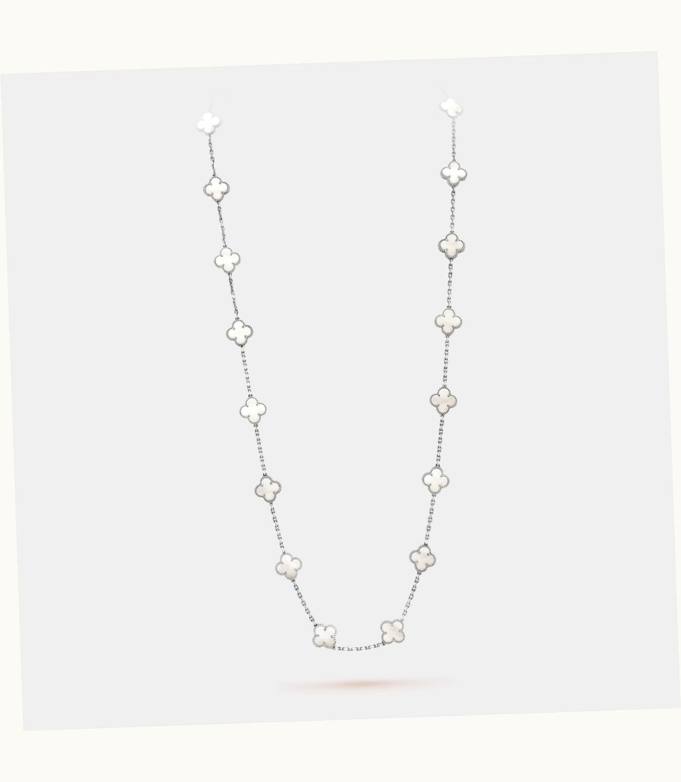 Van Cleef & Arpels Vintage Alhambra Long Necklace, 20 Motifs, Rhodium Plated 18k White Gold, White Mother-of-pearl