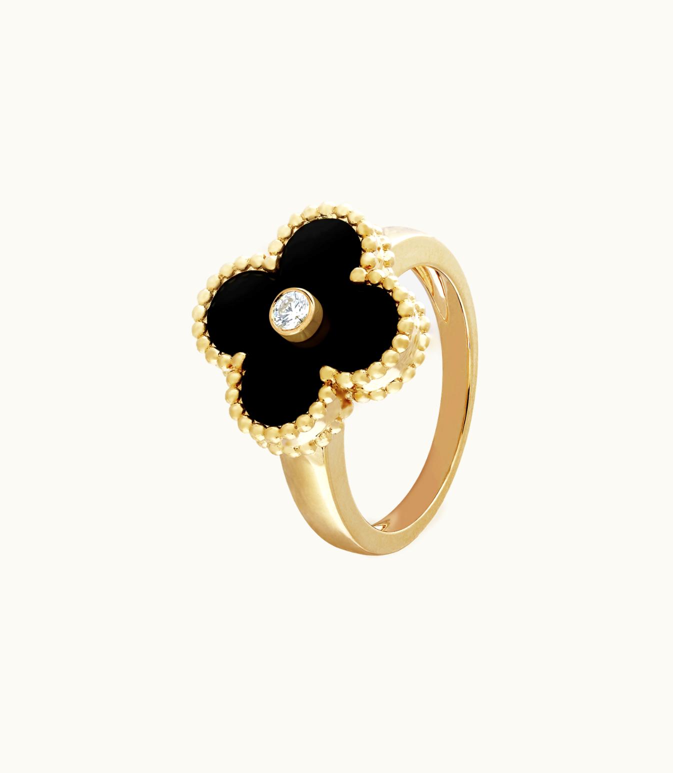 Van Cleef & Arpels Vintage Alhambra Ring, 18k Yellow Gold, Onyx, Diamond