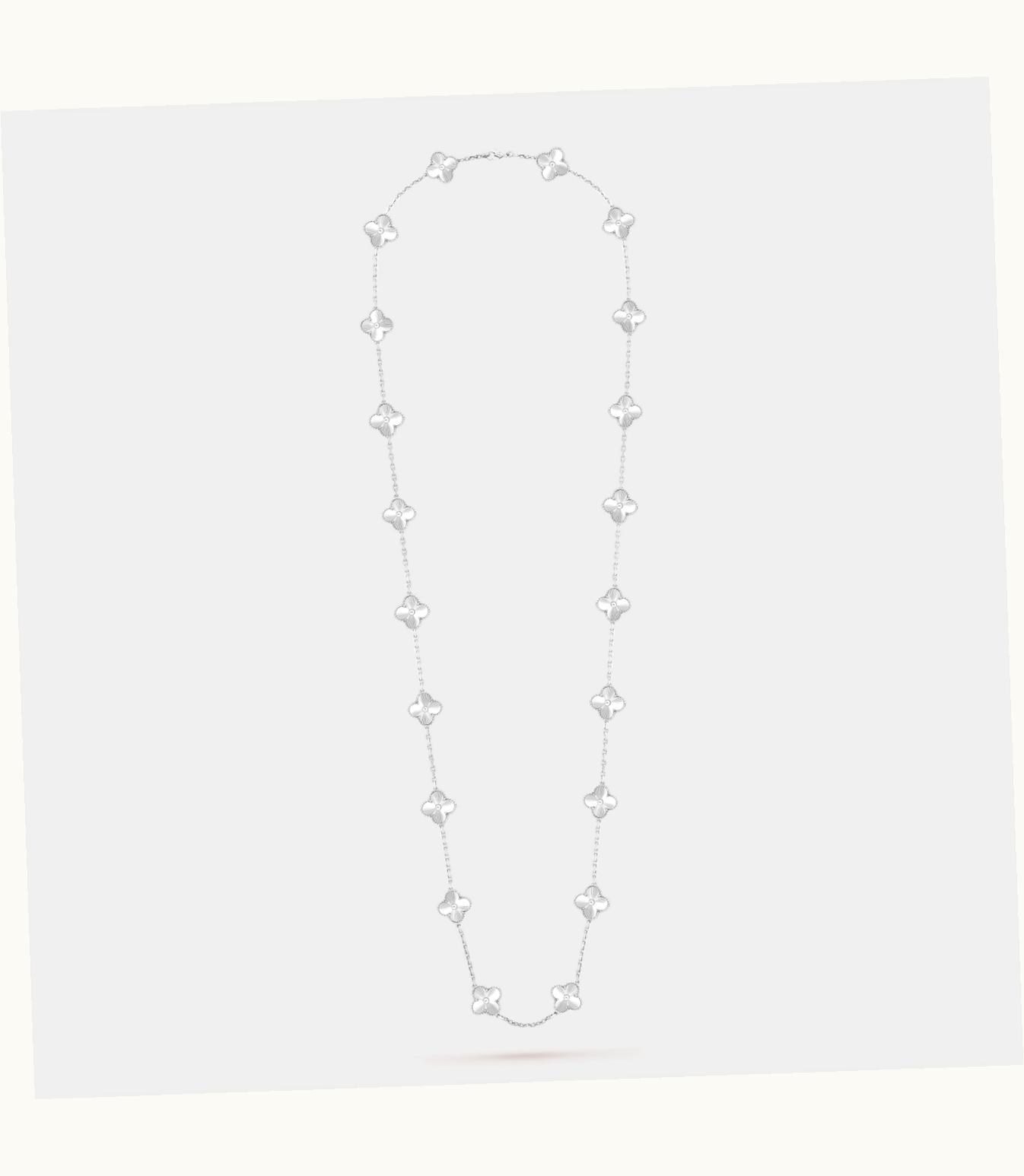 Van Cleef & Arpels Vintage Alhambra Necklace, 20 Motifs, Guilloché Rhodium Plated 18k White Gold