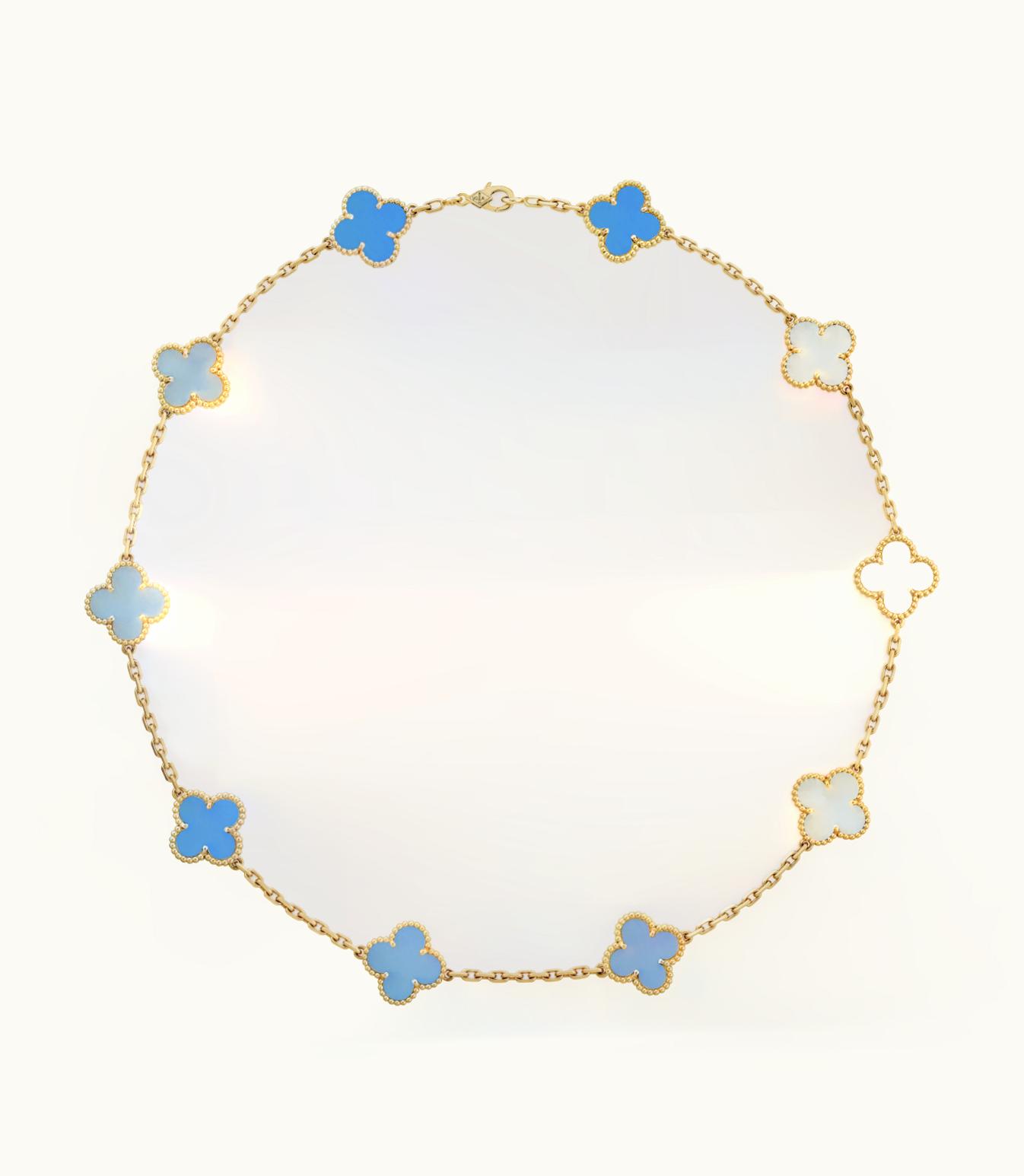 Van Cleef & Arpels Vintage Alhambra Necklace, 10 Motifs, 18k Yellow Gold, Blue Agate