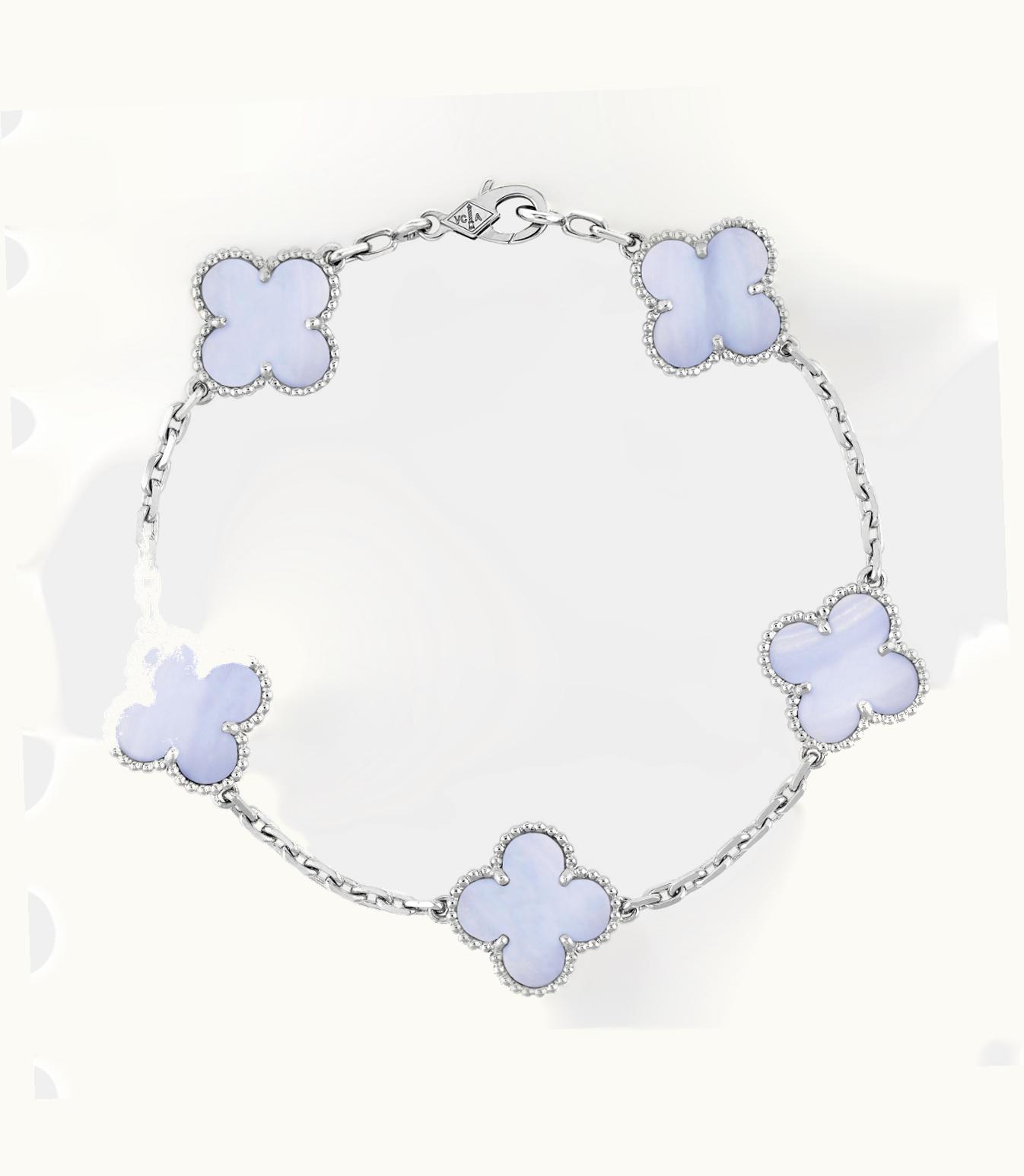 Van Cleef & Arpels Vintage Alhambra Bracelet, 5 Motifs, Rhodium Plated 18k White Gold, Chalcedony