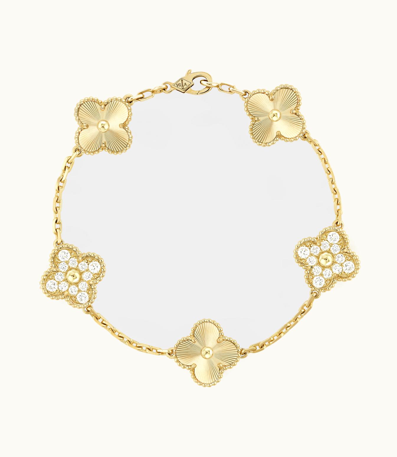 Van Cleef & Arpels Vintage Alhambra Bracelet, 5 Motifs, Guilloch‚àö¬© 18k Yellow Gold, Diamonds