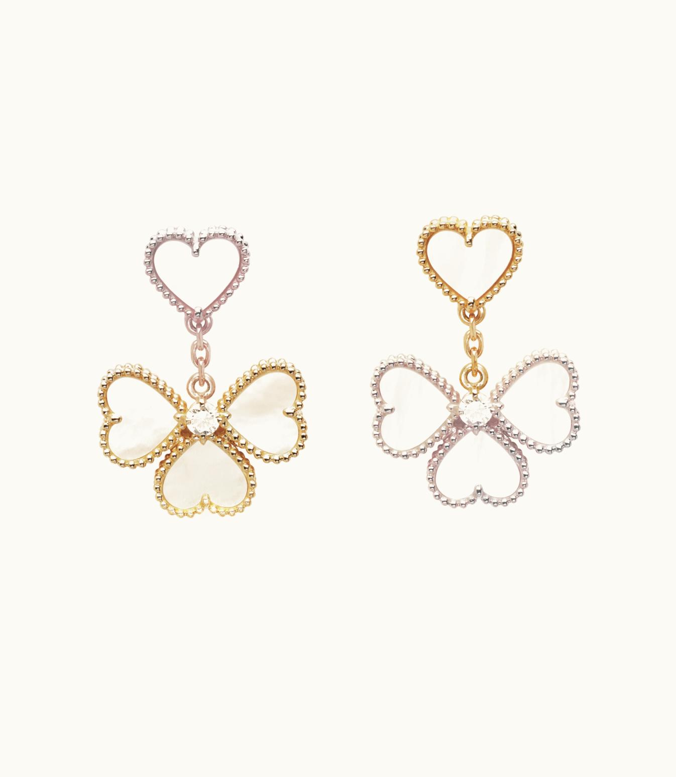 Van Cleef & Arpels Sweet Alhambra Effeuillage Earrings, 18k Yellow Gold, White Mother-of-pearl, Diamond