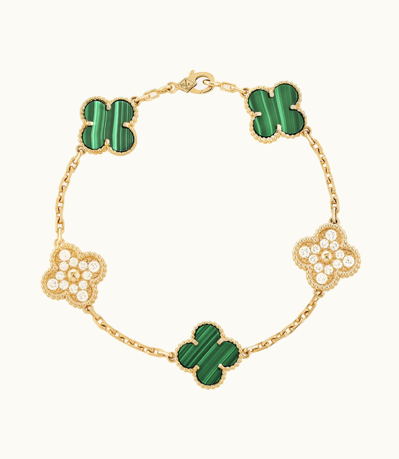 Van Cleef & Arpels Vintage Alhambra Bracelet, 5 Motifs, 18k Yellow Gold, Malachite, Diamonds