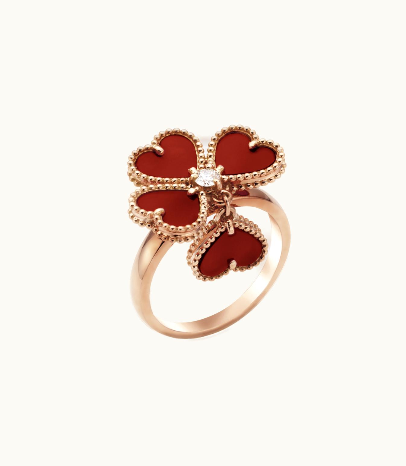 Van Cleef & Arpels Sweet Alhambra Effeuillage Ring, 18k Rose Gold, Carnelian, Diamond