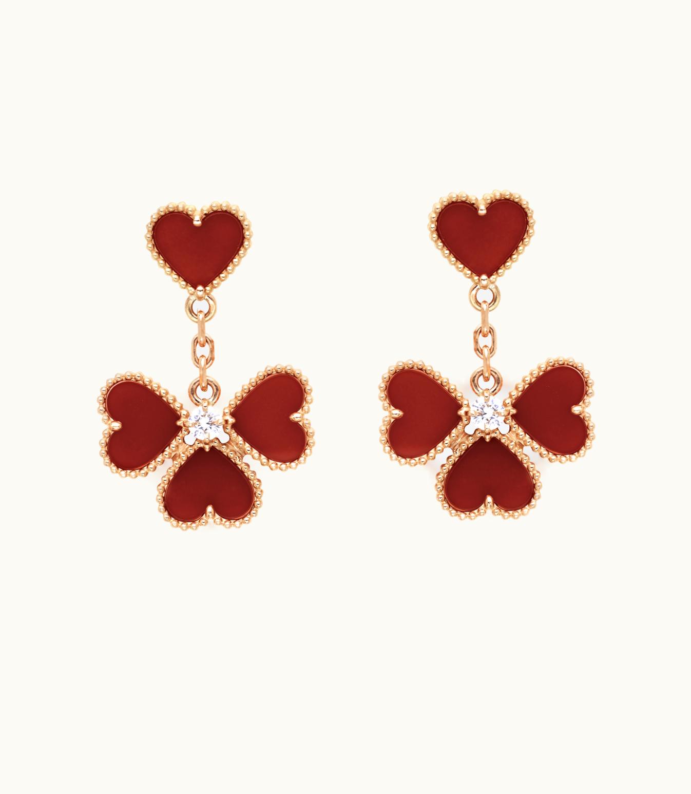 Van Cleef & Arpels Sweet Alhambra Effeuillage Earrings, 18k Rose Gold, Carnelian, Diamond