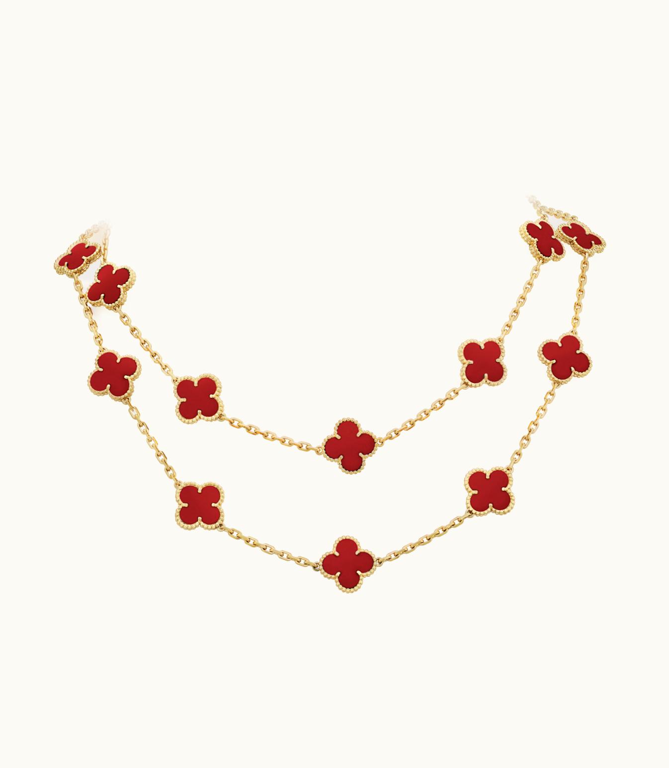 Van Cleef & Arpels Vintage Alhambra Long Necklace, 20 Motifs, 18k Yellow Gold, Carnelian