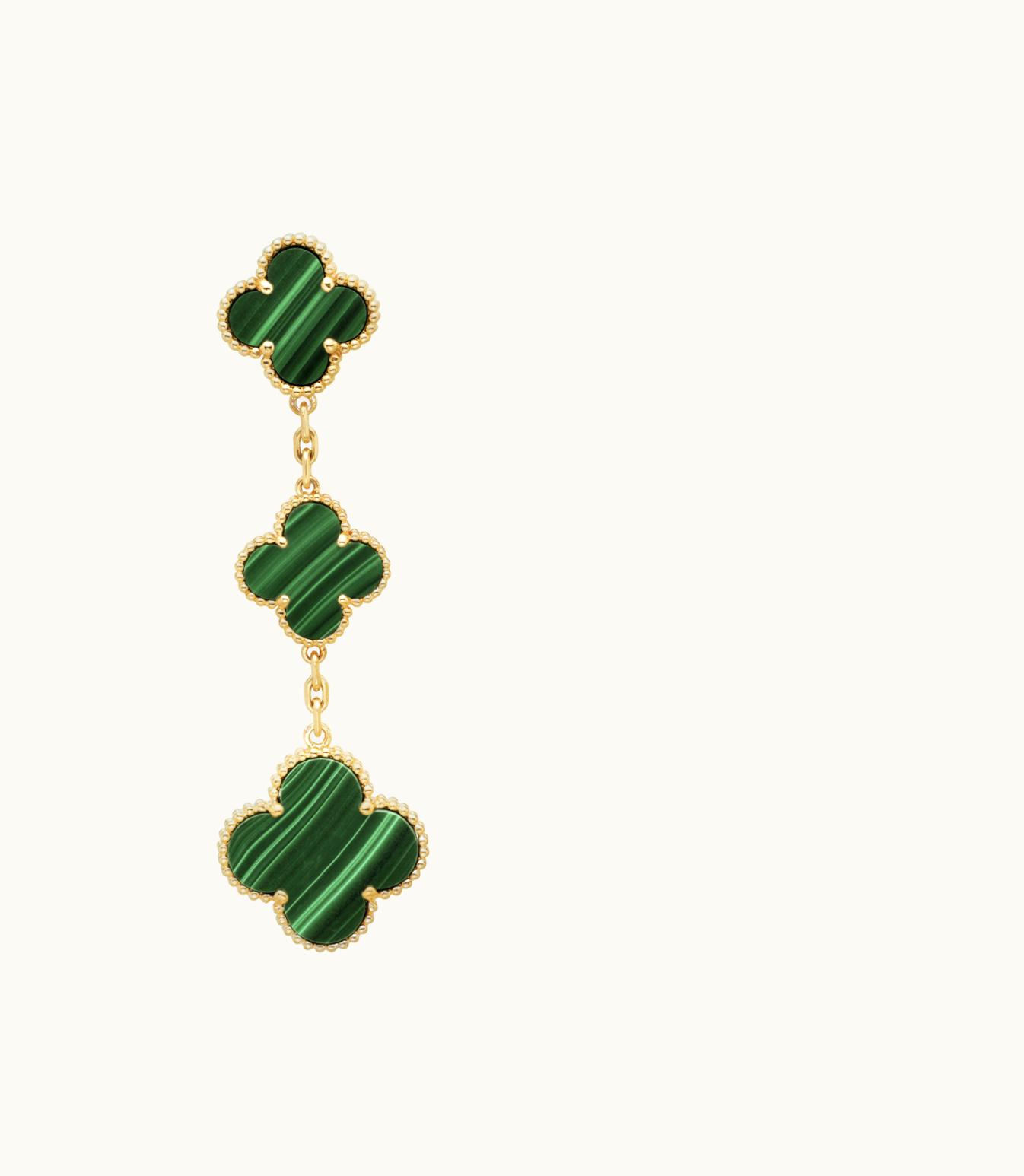 Van Cleef & Arpels Magic Alhambra Earrings, 3 Motifs, 18k Yellow Gold, Malachite