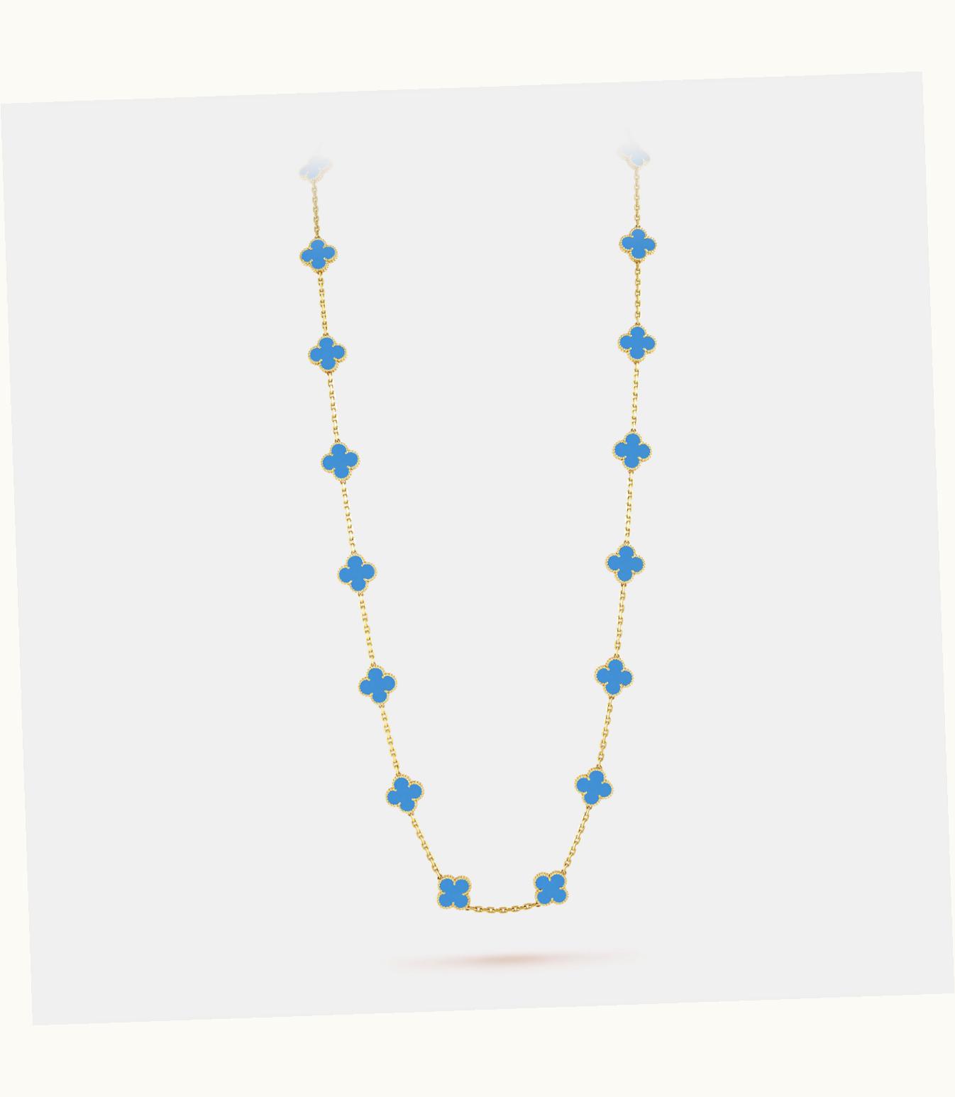 Van Cleef & Arpels Vintage Alhambra Long Necklace, 20 Motifs, 18k Yellow Gold, Blue Agate
