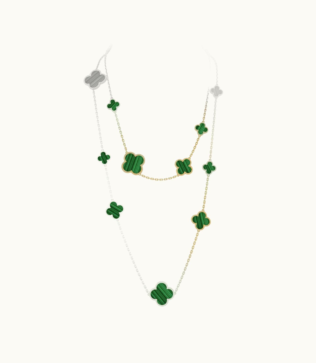 Van Cleef & Arpels Magic Alhambra Long Necklace, 16 Motifs, 18k Yellow Gold, Malachite