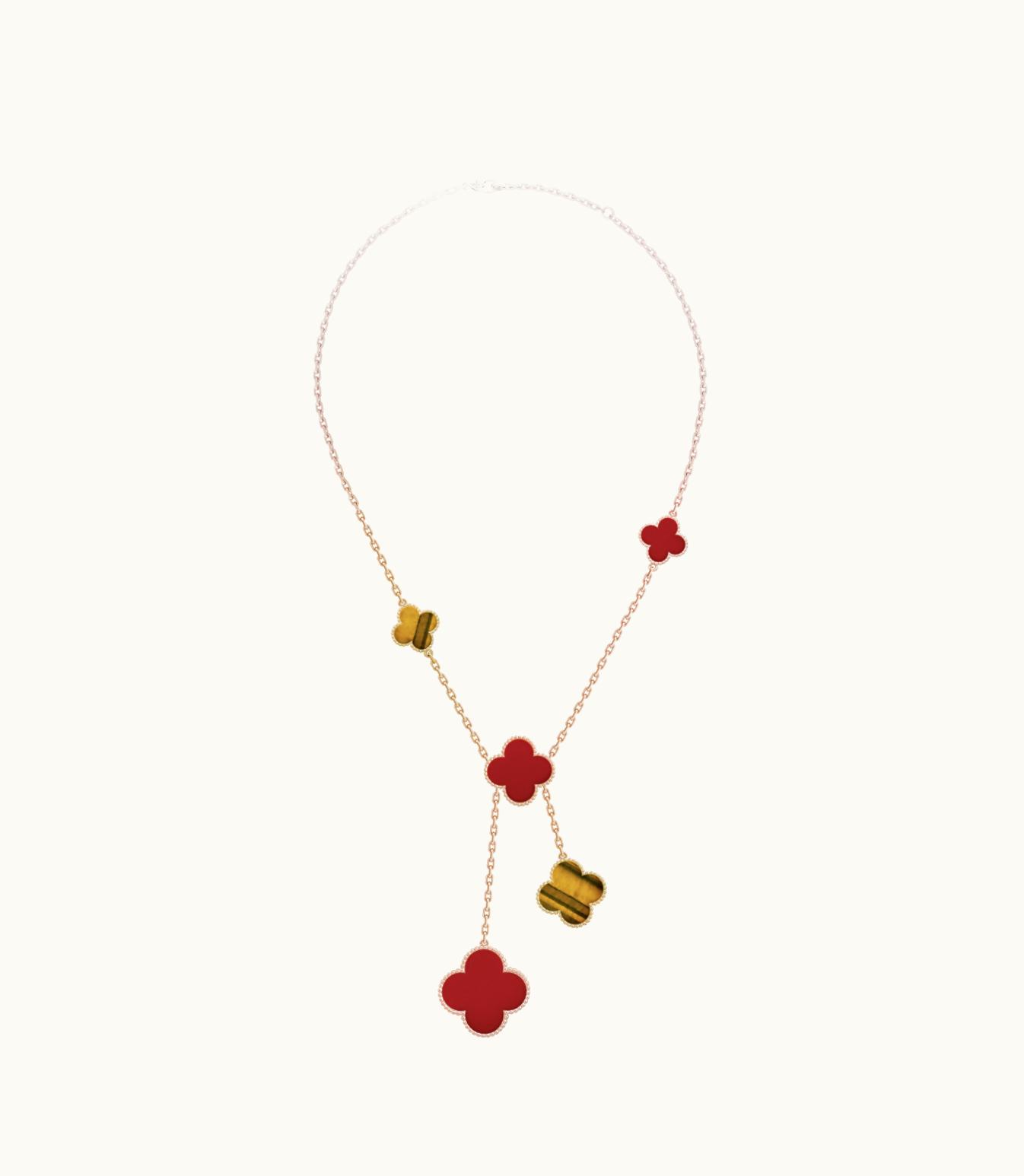 Van Cleef & Arpels Magic Alhambra Necklace, 6 Motifs, 18k Yellow Gold, Carnelian, Tiger's Eye