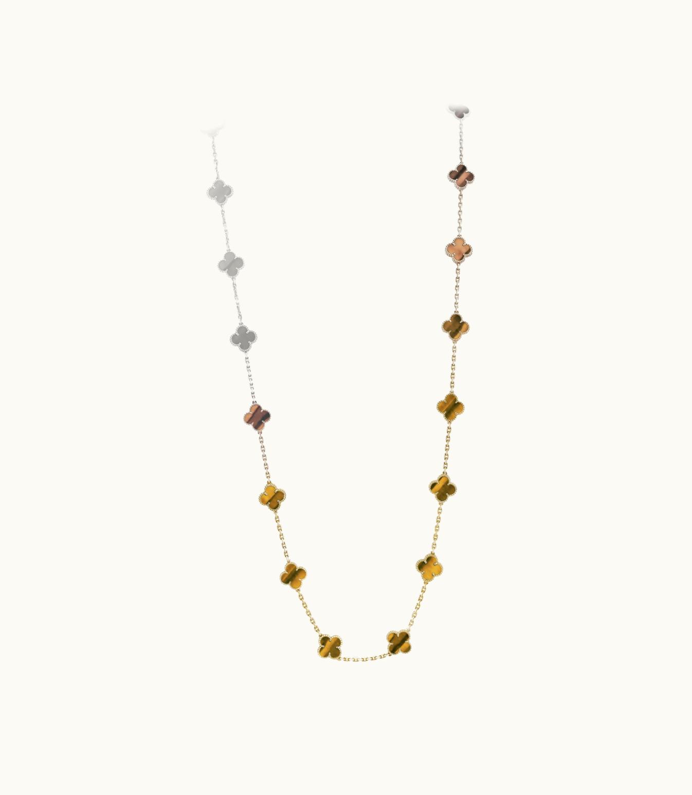 Van Cleef & Arpels Vintage Alhambra Long Necklace, 20 Motifs, 18k Yellow Gold, Tiger's Eye