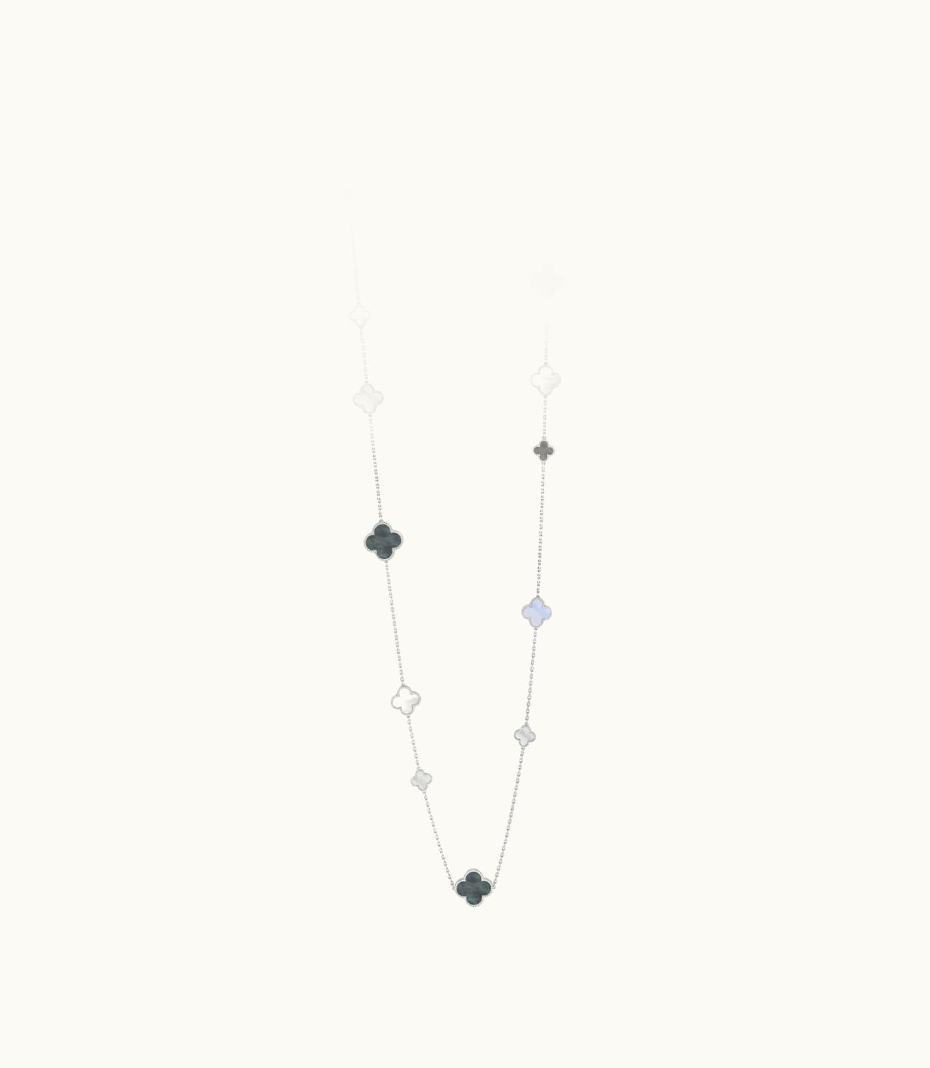 Van Cleef & Arpels Magic Alhambra Long Necklace, 16 Motifs, Rhodium Plated 18k White Gold, Mother-of-pearl, Chalcedony