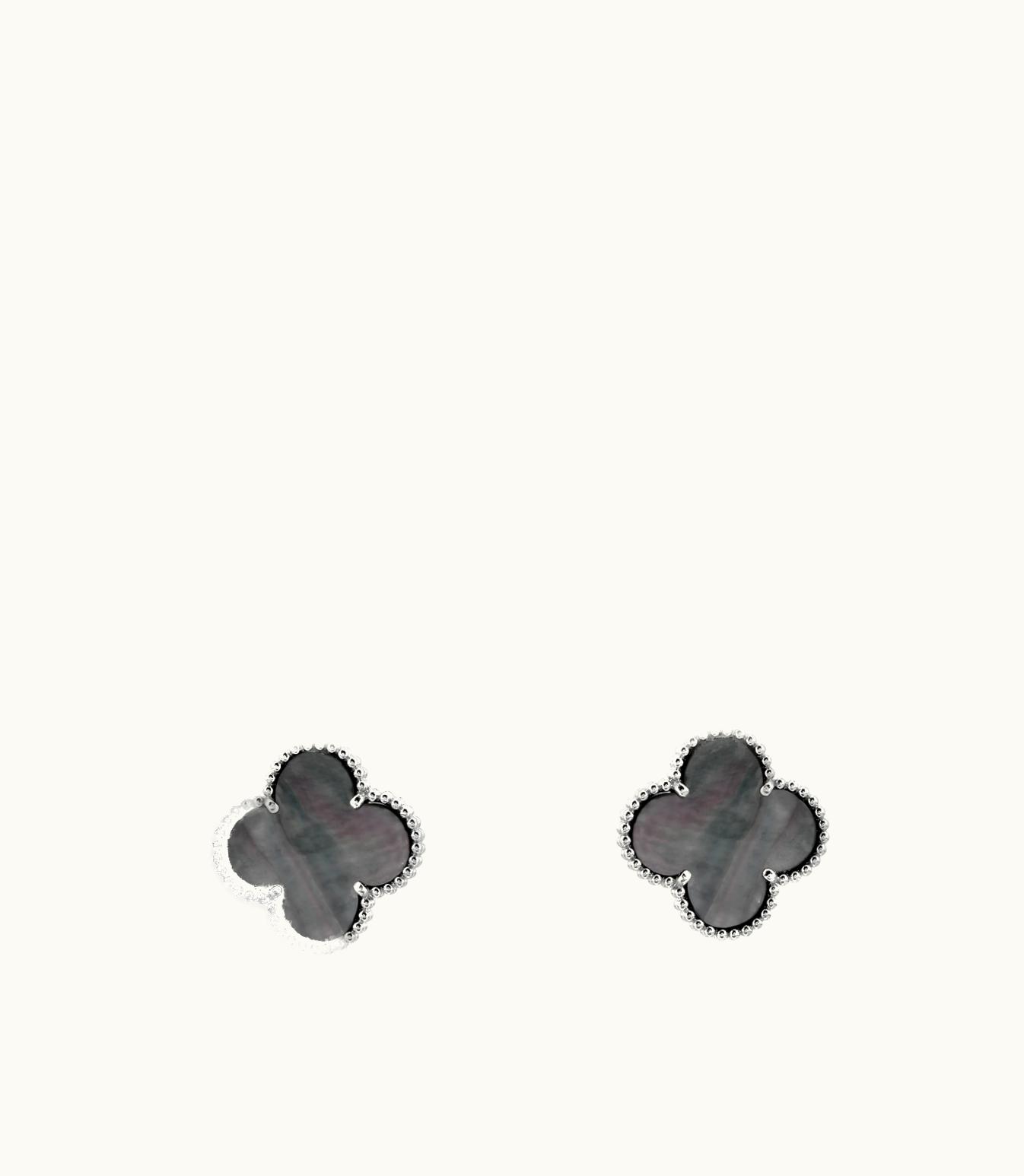 Van Cleef & Arpels Magic Alhambra Earrings, 3 Motifs, Rhodium Plated 18k White Gold, Mother-of-pearl, Chalcedony