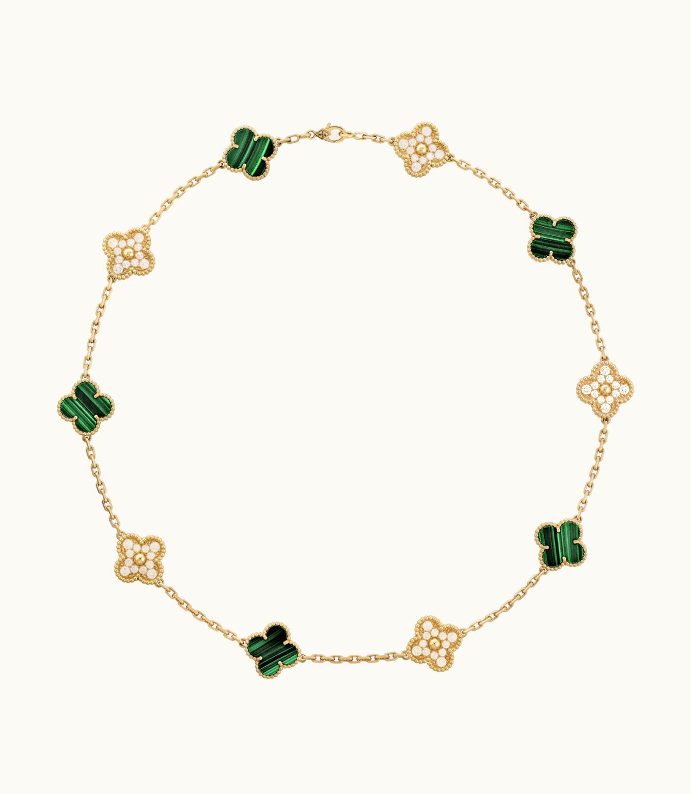 Van Cleef & Arpels Vintage Alhambra Necklace, 10 Motifs, 18k Yellow Gold, Malachite, Diamonds
