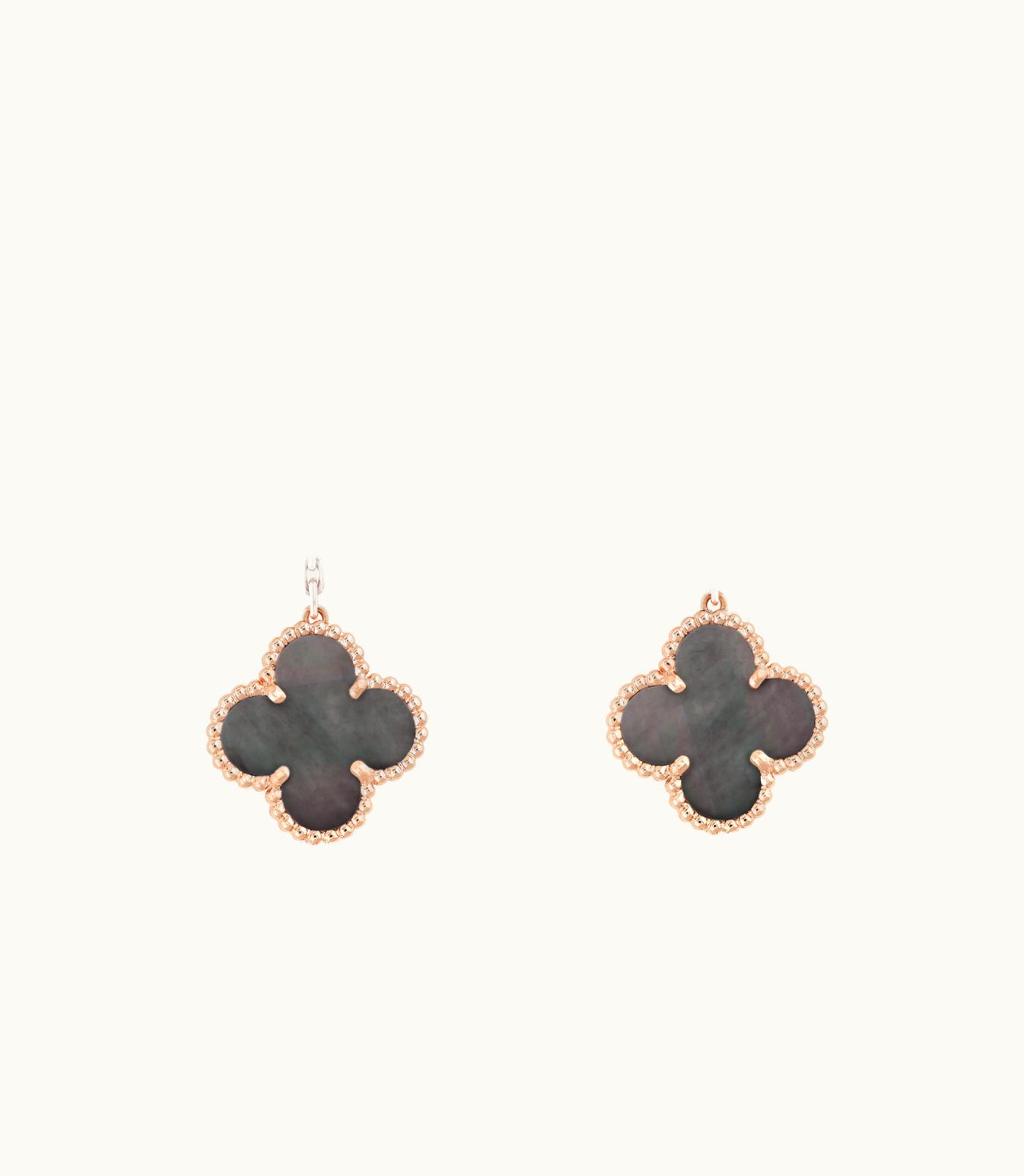 Van Cleef & Arpels Magic Alhambra Earrings, 2 Motifs, 18k Rose Gold, Gray Mother-of-pearl, Round Diamonds