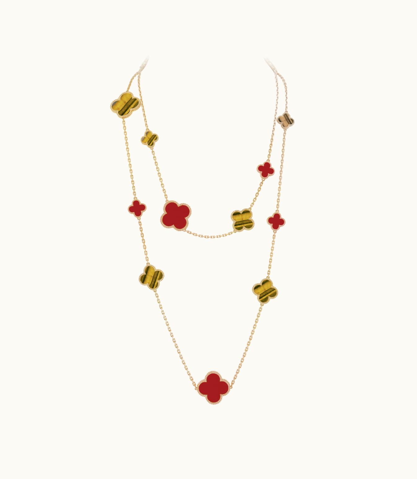 Van Cleef & Arpels Magic Alhambra Long Necklace, 16 Motifs, 18k Yellow Gold, Carnelian, Tiger's Eye