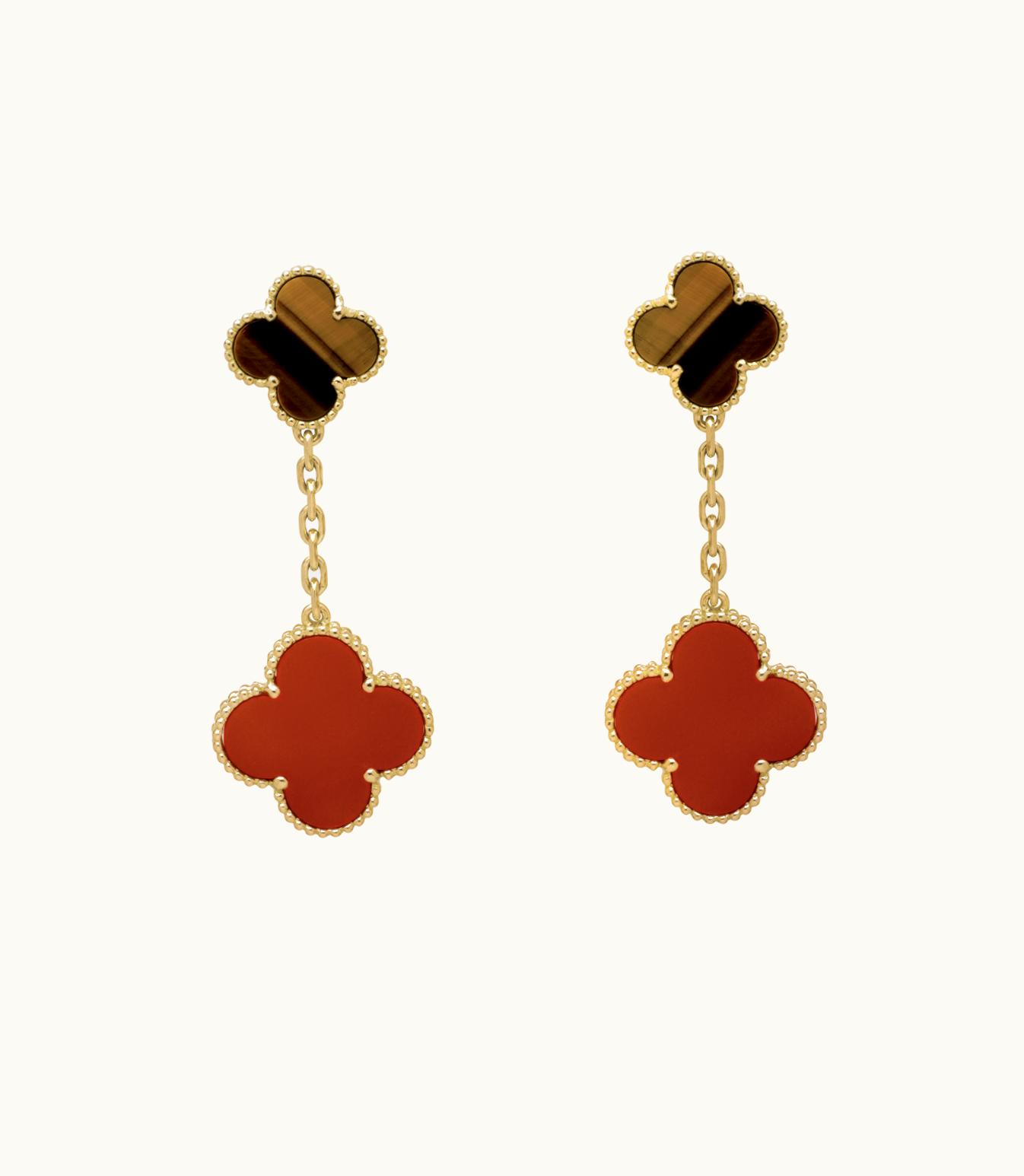 Van Cleef & Arpels Magic Alhambra Earrings, 2 Motifs, 18k Yellow Gold, Tiger's Eye, Carnelian