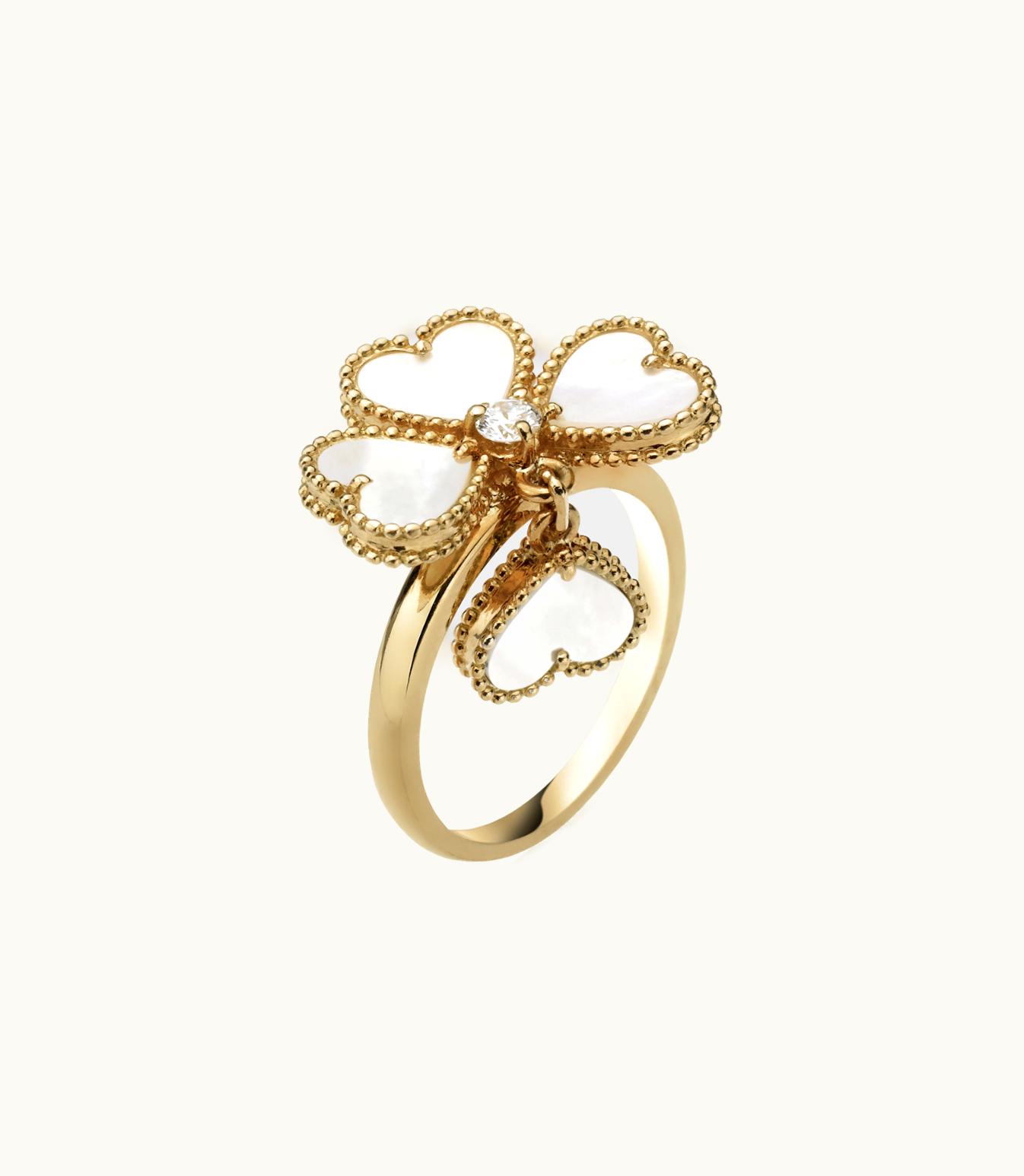 Van Cleef & Arpels Sweet Alhambra Effeuillage Ring, 18k Yellow Gold, White Mother-of-pearl, Diamond