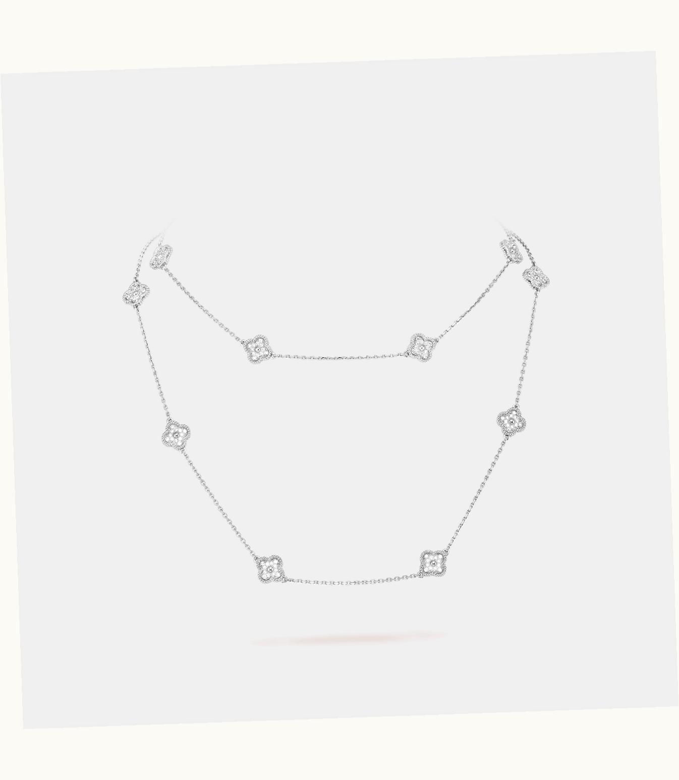 Van Cleef & Arpels Sweet Alhambra Long Necklace, 16 Motifs, Rhodium Plated 18k White Gold, Diamonds