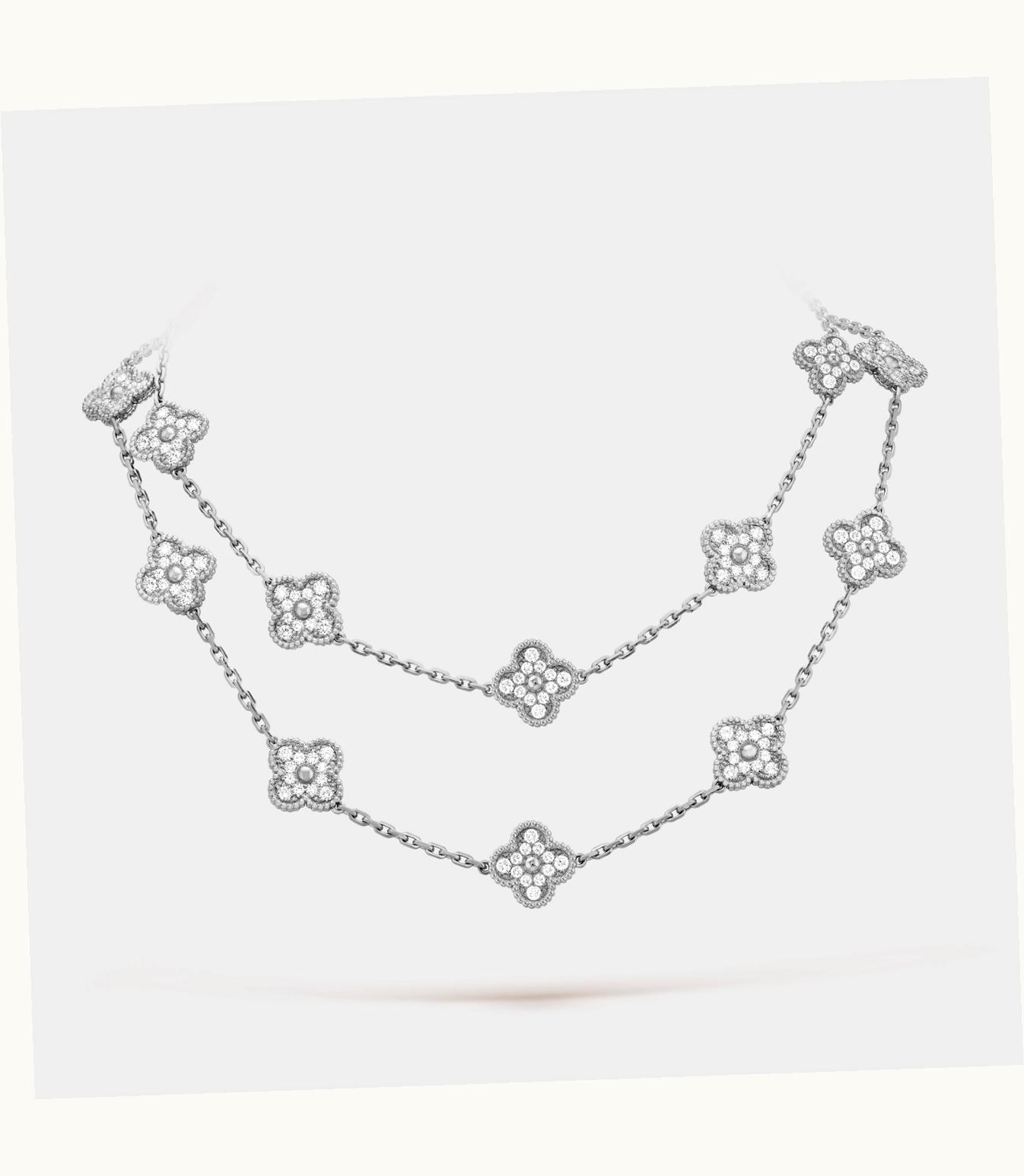 Van Cleef & Arpels Vintage Alhambra Long Necklace, 20 Motifs, Rhodium Plated 18k White Gold, Diamonds