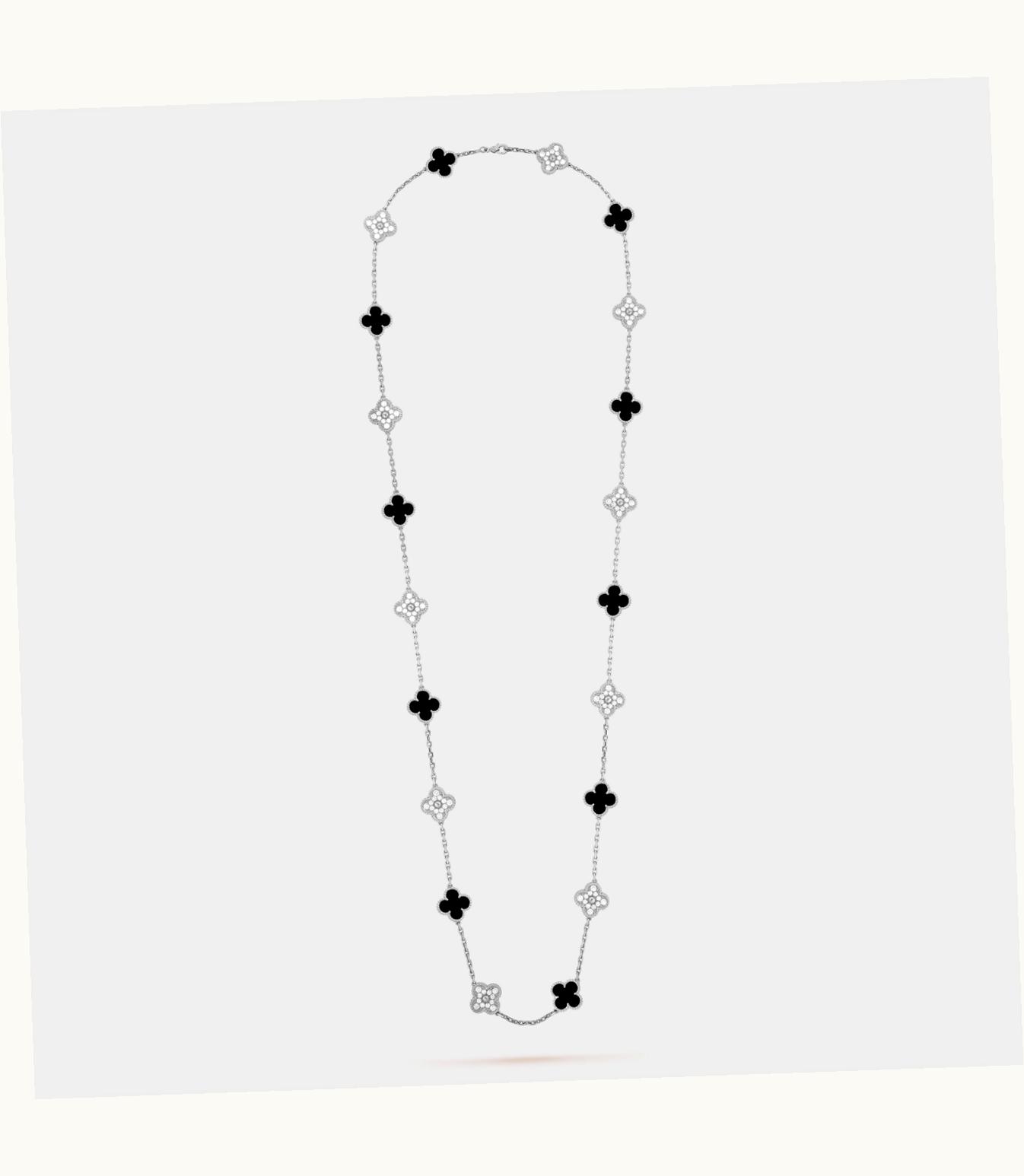 Van Cleef & Arpels Vintage Alhambra Long Necklace, 20 Motifs, Rhodium Plated 18k White Gold, Onyx, Diamonds