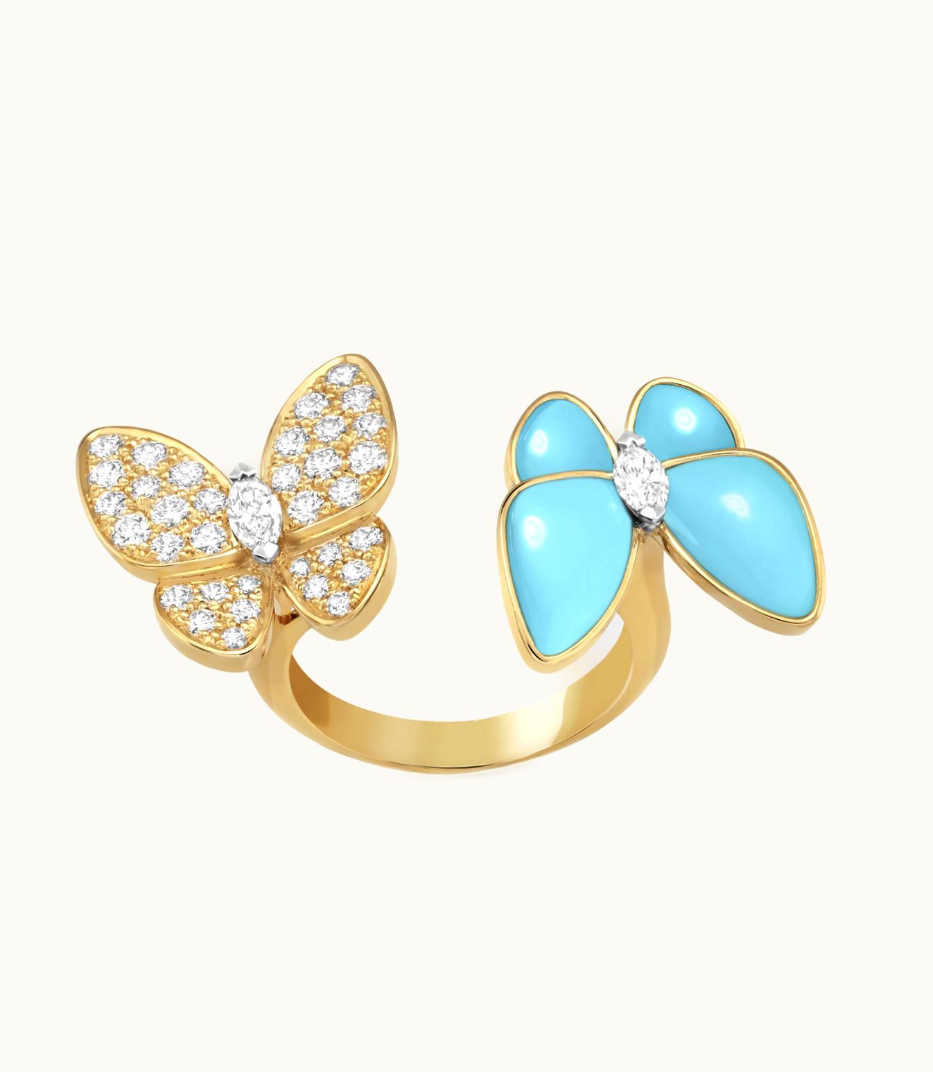 Van Cleef & Arpels Two Butterfly Between the Finger Ring, 18k Yellow Gold, Rhodium Plated 18k White Gold, Turquoise, Diamonds
