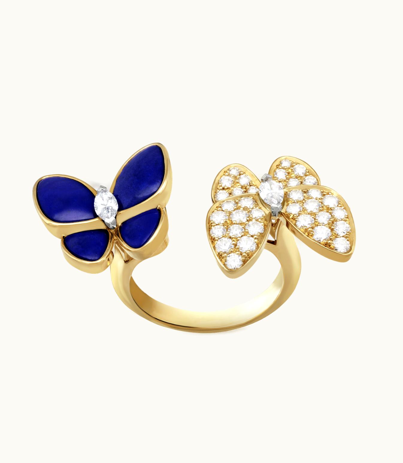 Van Cleef & Arpels Two Butterfly Between the Finger Ring, 18k Yellow Gold, Rhodium Plated 18k White Gold, Lapis Lazuli, Diamonds