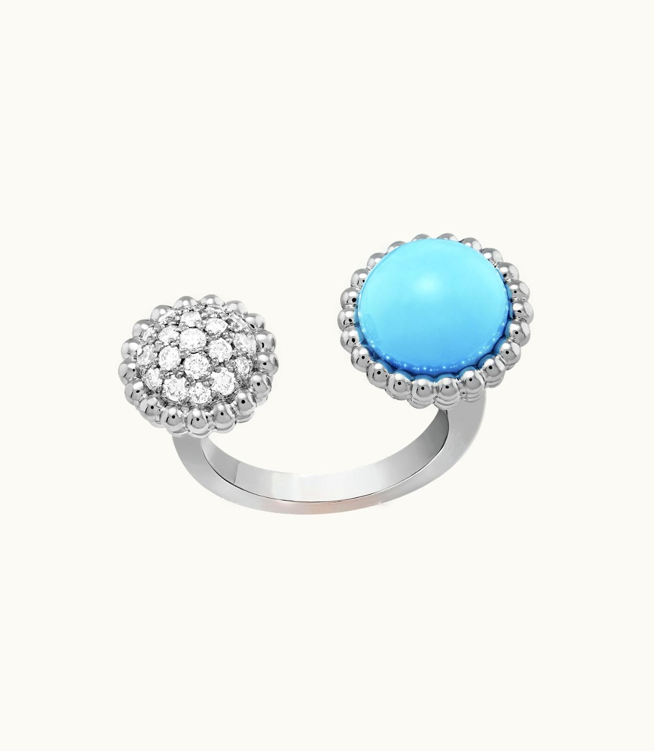 Van Cleef & Arpels Perlée Couleurs Between the Finger Ring, Rhodium Plated 18k White Gold, Turquoise, Diamonds