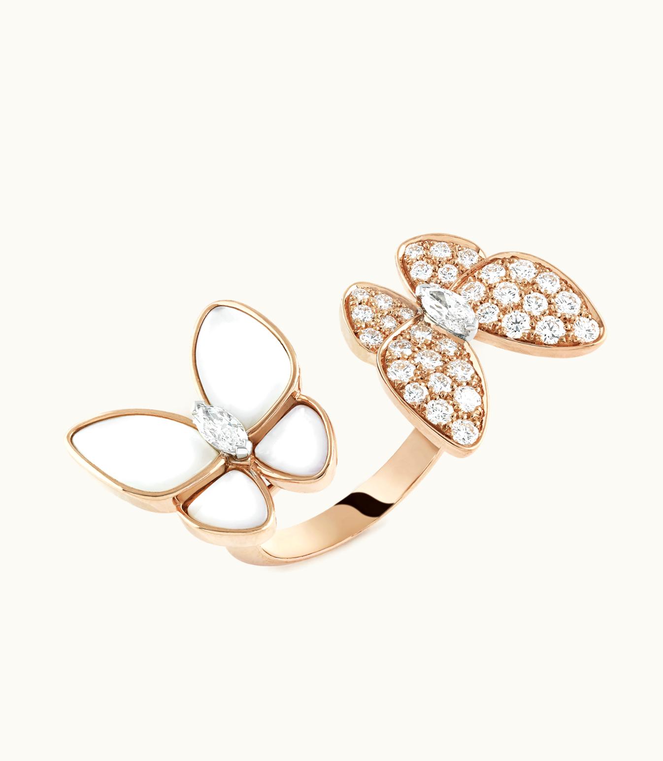 Van Cleef & Arpels Two Butterfly Between the Finger Ring, 18k Rose Gold, Rhodium Plated 18k White Gold, White Mother-of-pearl, Diamonds