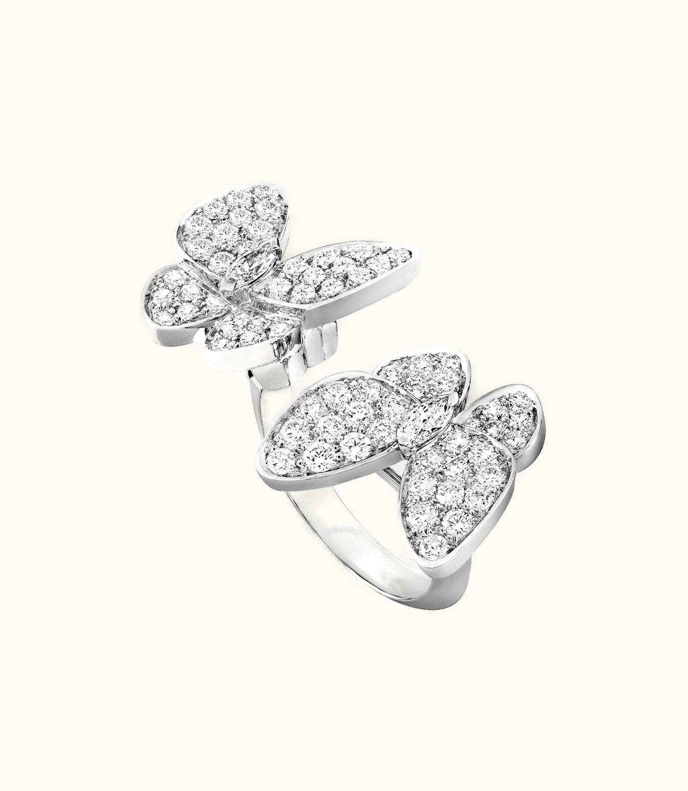Van Cleef & Arpels Two Butterfly Between the Finger Ring, Rhodium Plated 18k White Gold, Diamonds