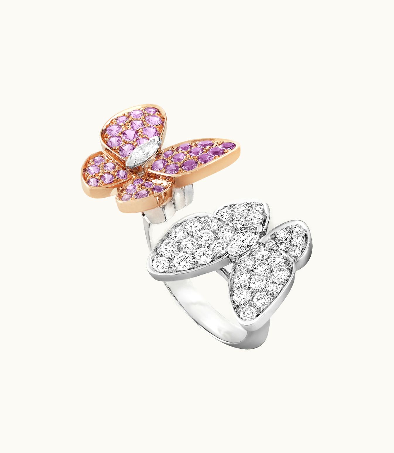 Van Cleef & Arpels Two Butterfly Between the Finger Ring, 18k Rose Gold, Pink Sapphires, Rhodium Plated 18k White Gold, Diamonds